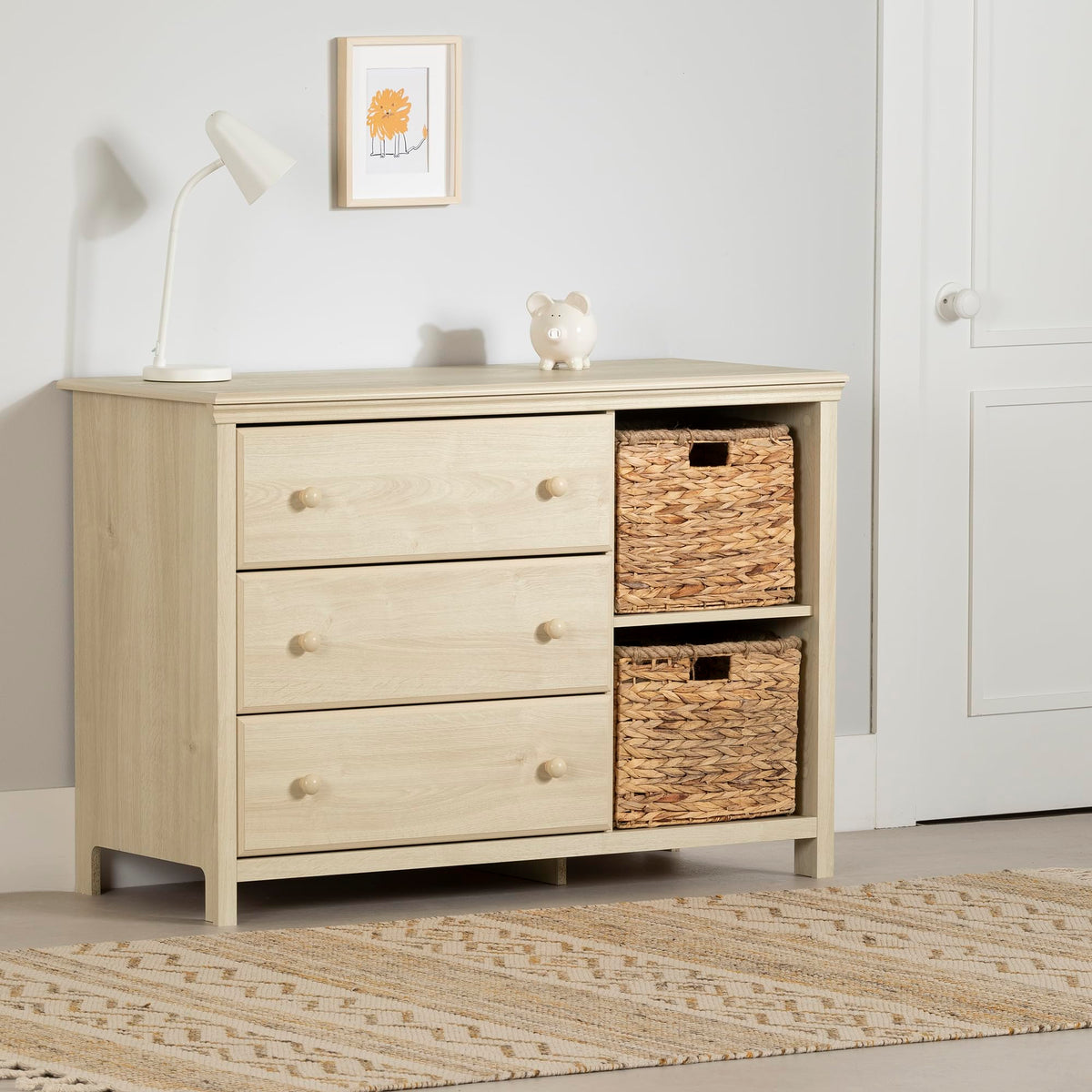 South Shore Cotton Candy 3-Drawer Dresser with Baskets Bleached Oak, Coastal