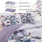 Drucon Floral Quilt Set King 3 Pieces Boho Purple Quilt Coverlet Set Soft Microfiber Lightweight Purple Floral Quilted Bedspread