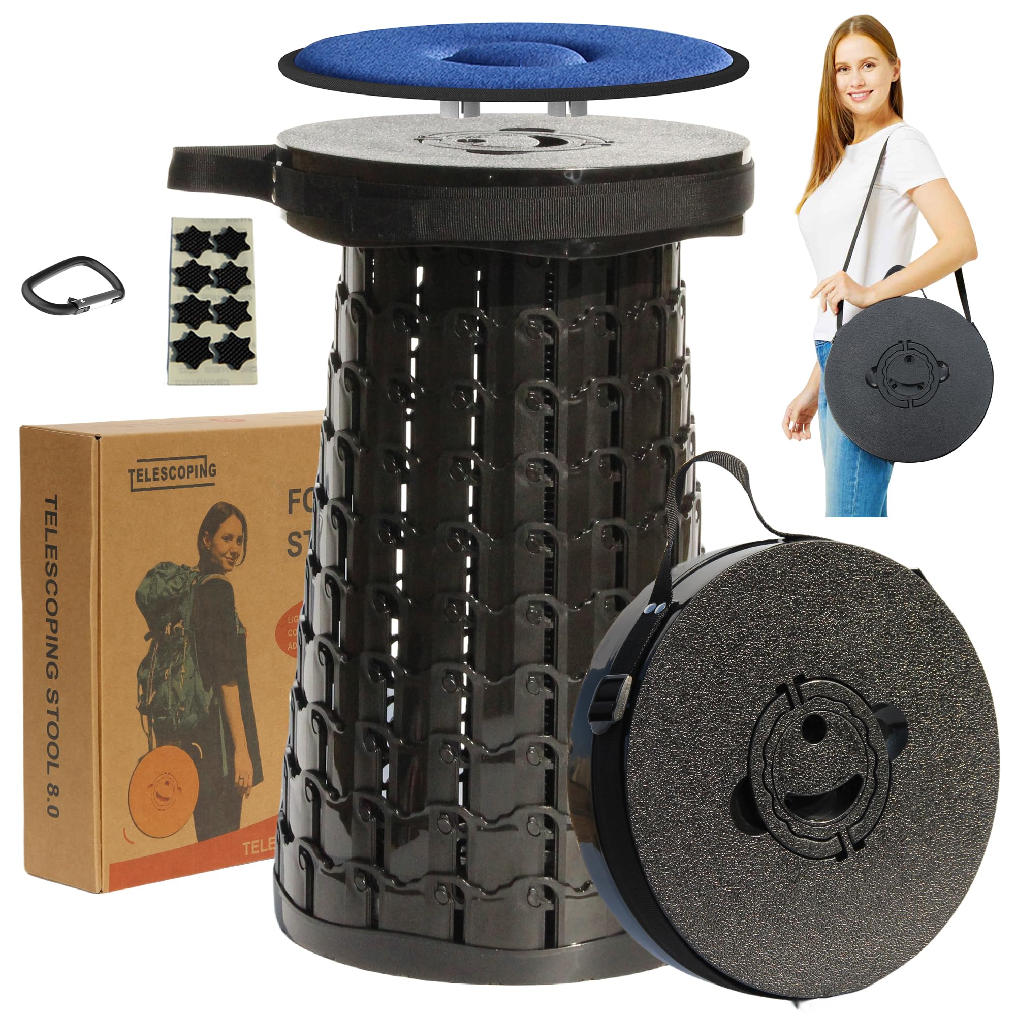 ALEVMOOM 2025 Upgraded XXL 19.7 Collapsible Stool with Cushion, 1000lbs Max Weight Heavy Duty Portable Telescoping Stool, Retrac