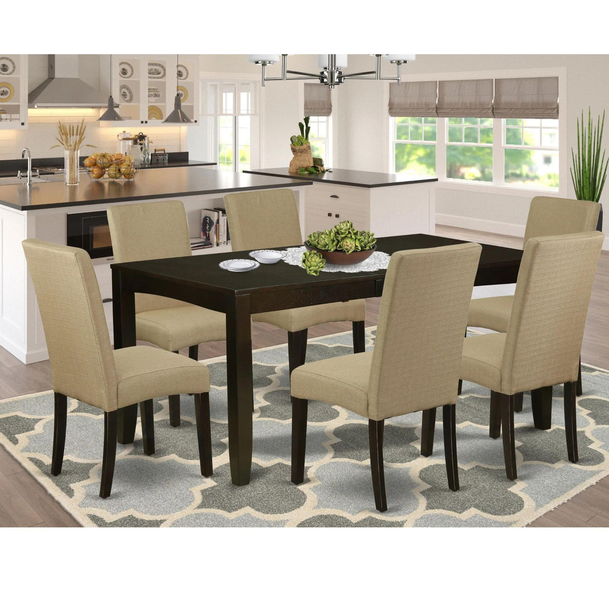 East West Furniture 6Pc Rectangular 48/60 Inch Table And Six Parson Chair With Cappuccino Finish Leg And Linen Fabric- Brown Color