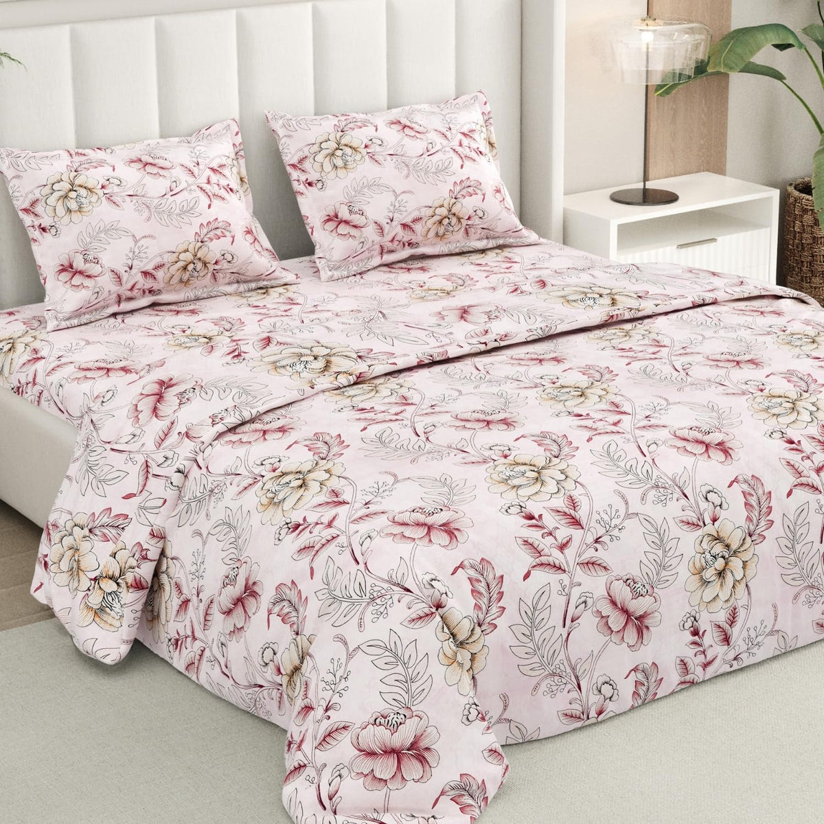 Rivermoor 144 TC Cotton Bedsheet for Double Bed | Queen Size Bed Sheet with 2 Pillow Covers | Blush Pink Botanical Floral | 90 x