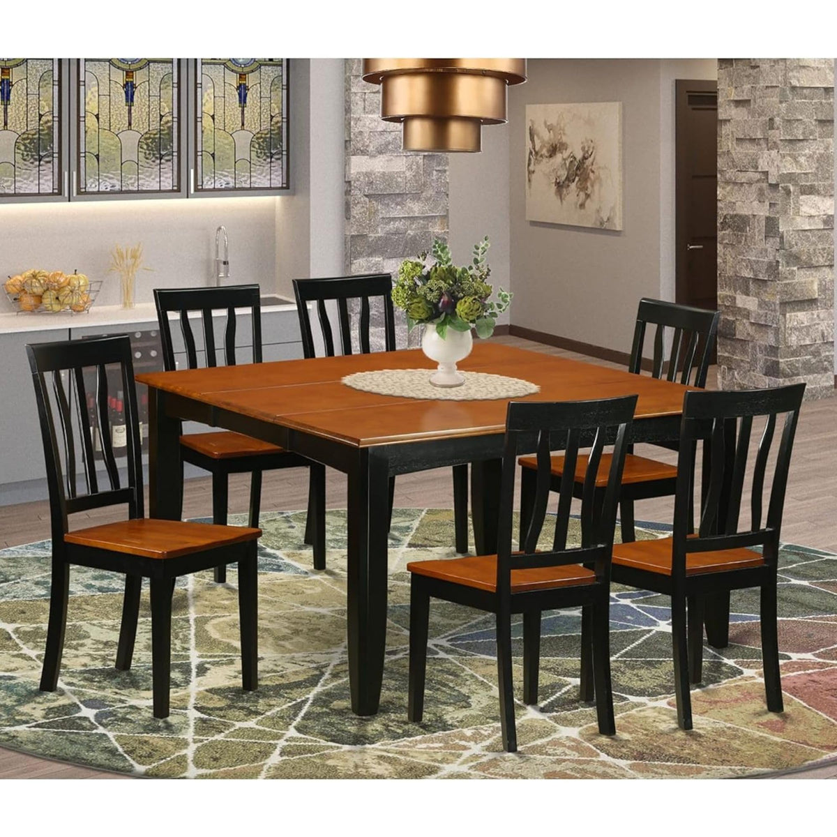East West Furniture PFAN7-BCH-W 7 Piece Kitchen Table Set Consist of a Square Dining Table with Butterfly Leaf and 6 Dining Chairs, 54x54 Inch, Black & Cherry