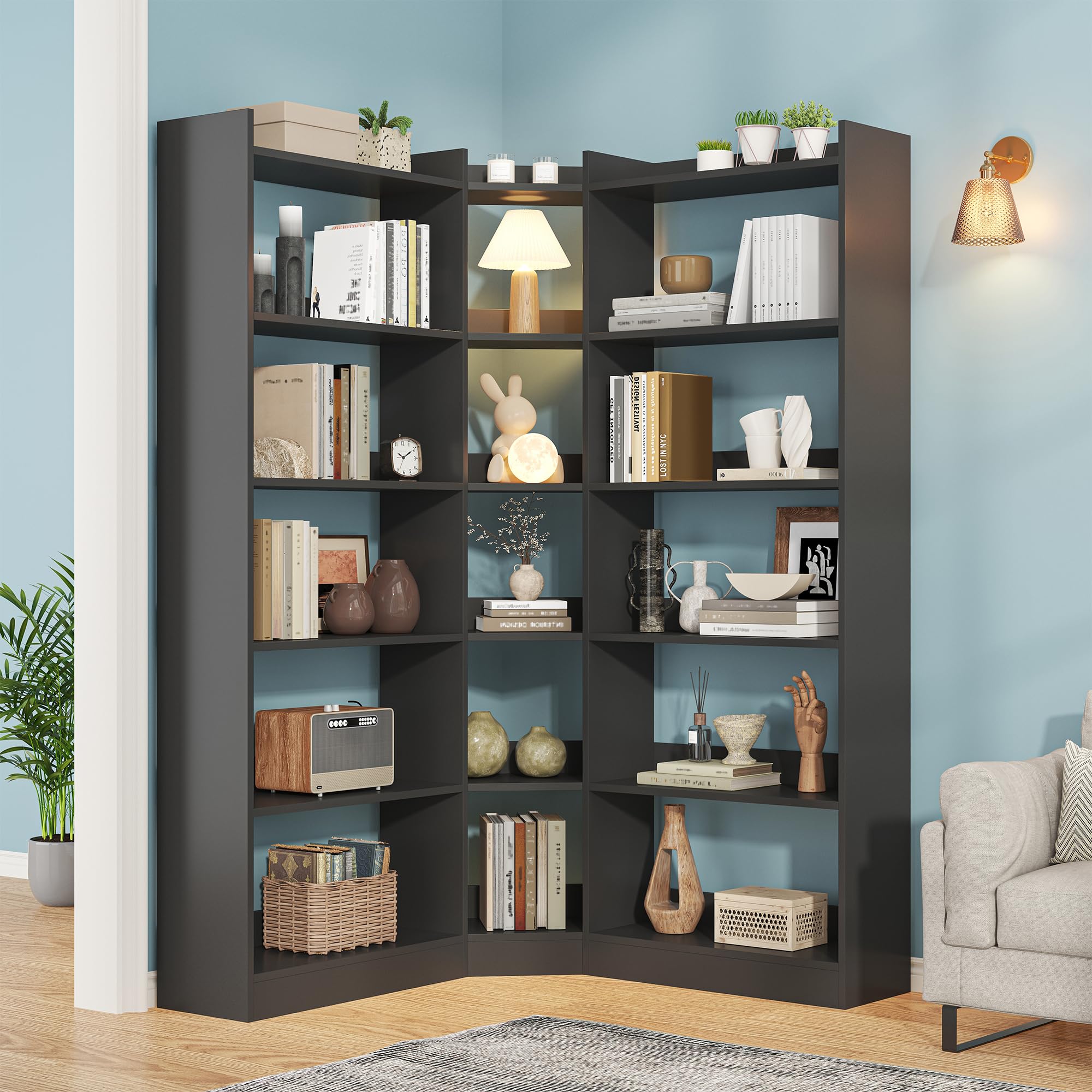 Semoic 6 Tiers Corner Bookshelf and Bookcase with Baffle, 63.1 Tall Modern L-Shaped Storage Display Book Shelf Industrial Booksh