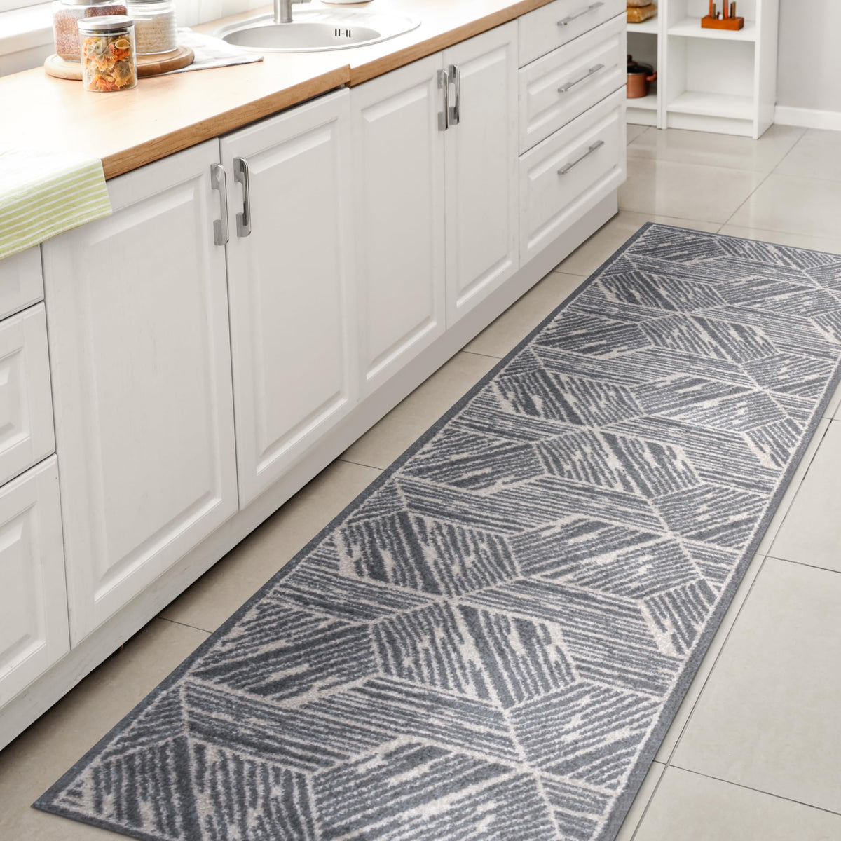 JONATHAN Y WSH313A-28 Vector Modern Coastal Geometric Machine-Washable Blue/Cream 2 ft. x 8 ft. Runner Rug, Modern, Contemporary