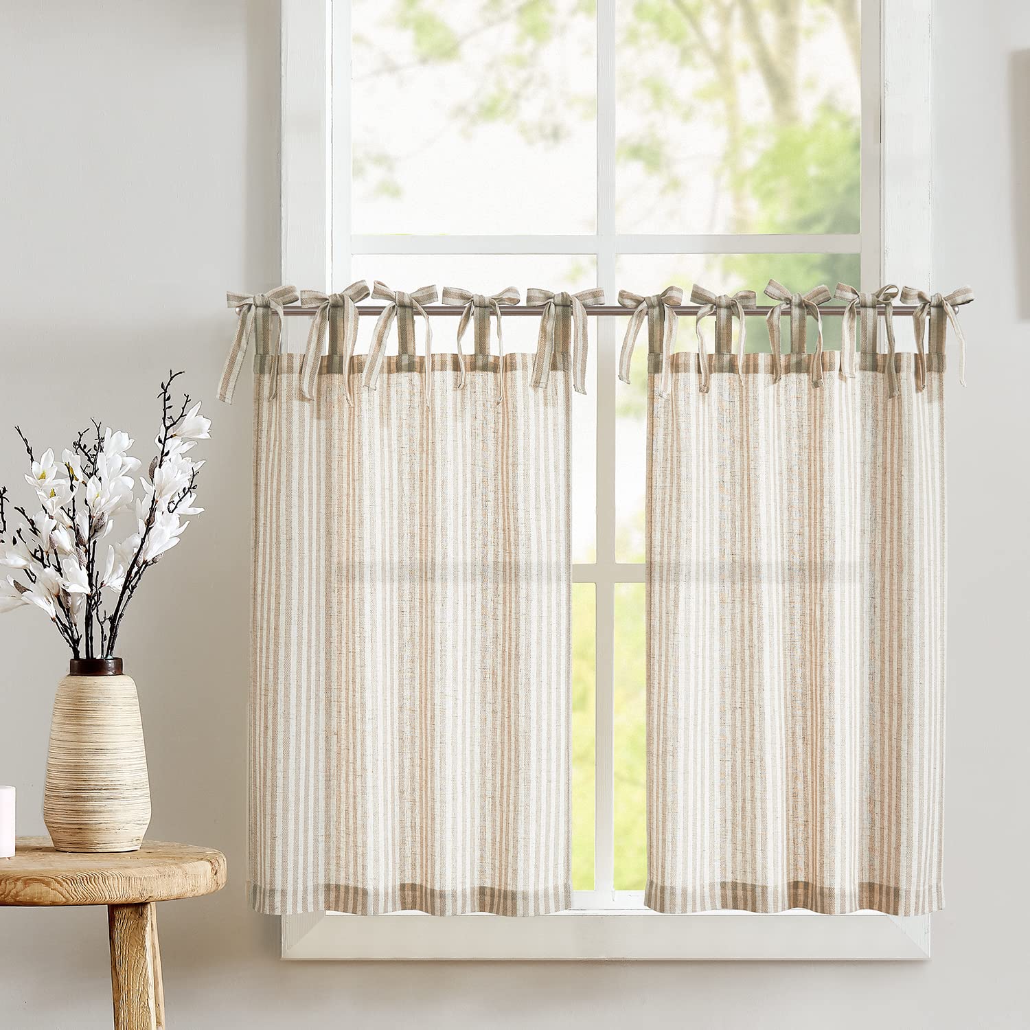 jinchan Kitchen Curtains Striped Tie Top Linen Tier Curtains 24 Inch Length Short Curtains for Bedroom Living Room Bathroom Farm