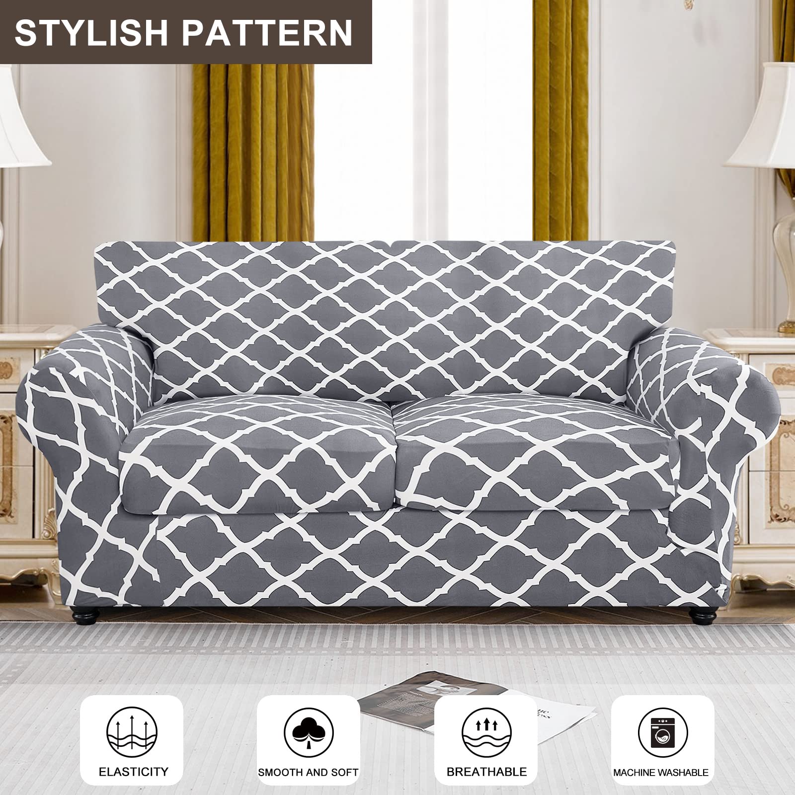 Searchi Stretch Sofa Cover Printed Couch Cover, Floral Pattern 3 Pieces Loveseat Slipcover With 2 Separate Cushion Cover, Washable Furniture Protector For Living Room(Loveseat, Gray+White)