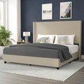 Flash Furniture Quinn Upholstered Platform Bed - Beige Channel Stitched Wingback Headboard - King - Mattress Foundation with Sla