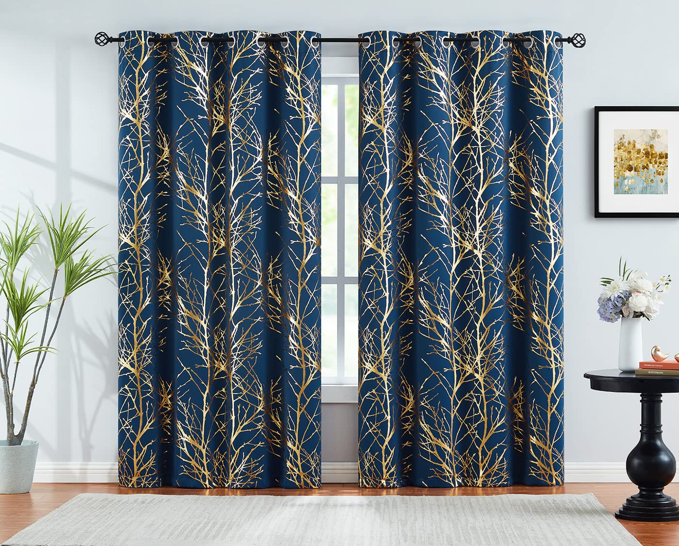 FMFUNCTEX Blue Blackout Curtains Bedroom Branch Print Foil Curtain Panels for Living Room 96inch Modern Gold Metallic Sparkle Th