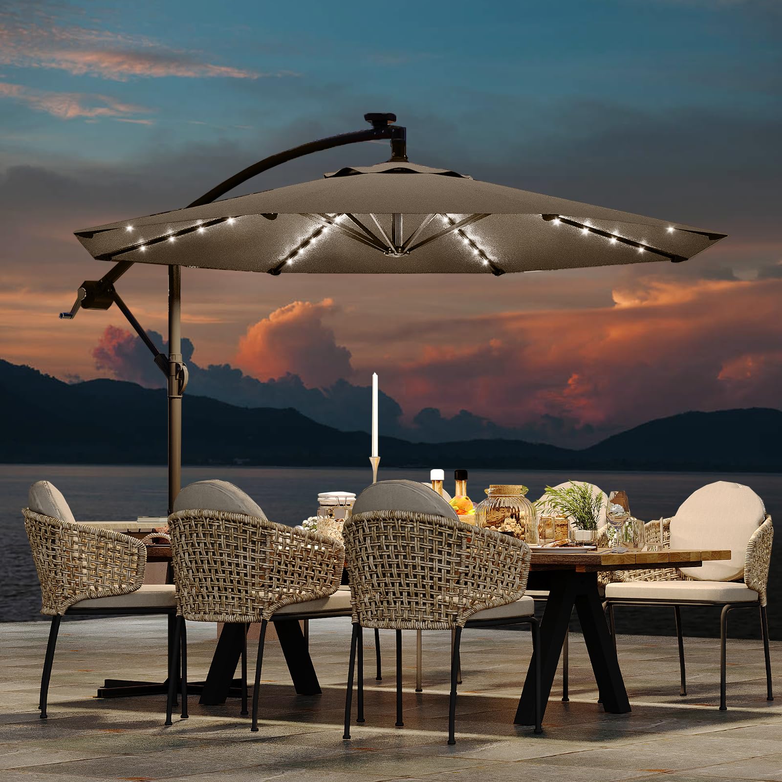 HarmonyHealth 10FT Cantilever Umbrella with Solar Lights, Outdoor Offset Market Umbrella with Infinite Tilt and Cross Base, Outs