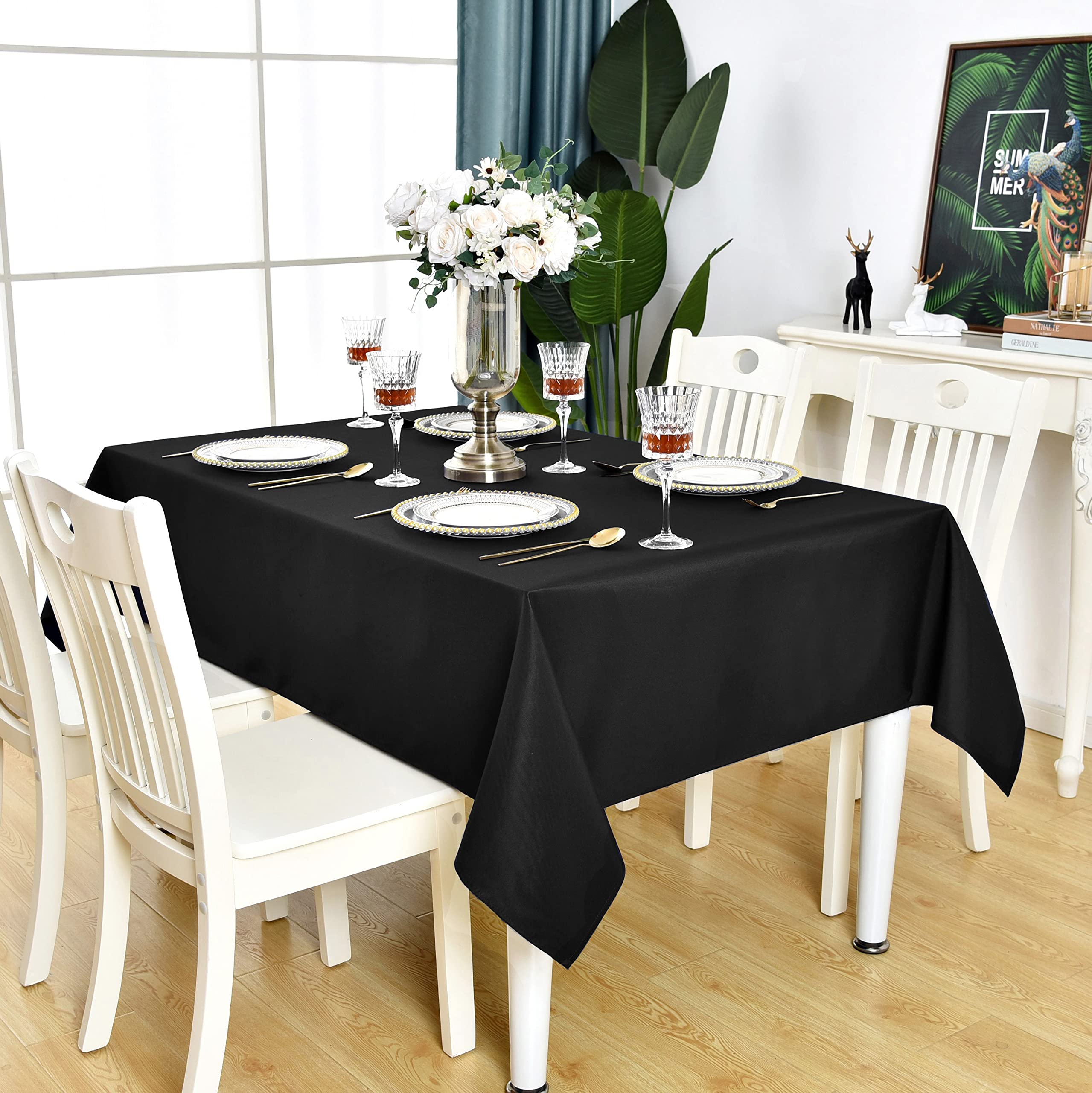 Kaipho Black Rectangle Tablecloth Waterproof Stain Resistant Wrinkle Free Table Cloth 210Gsm Polyester Wipeable Table Cover For