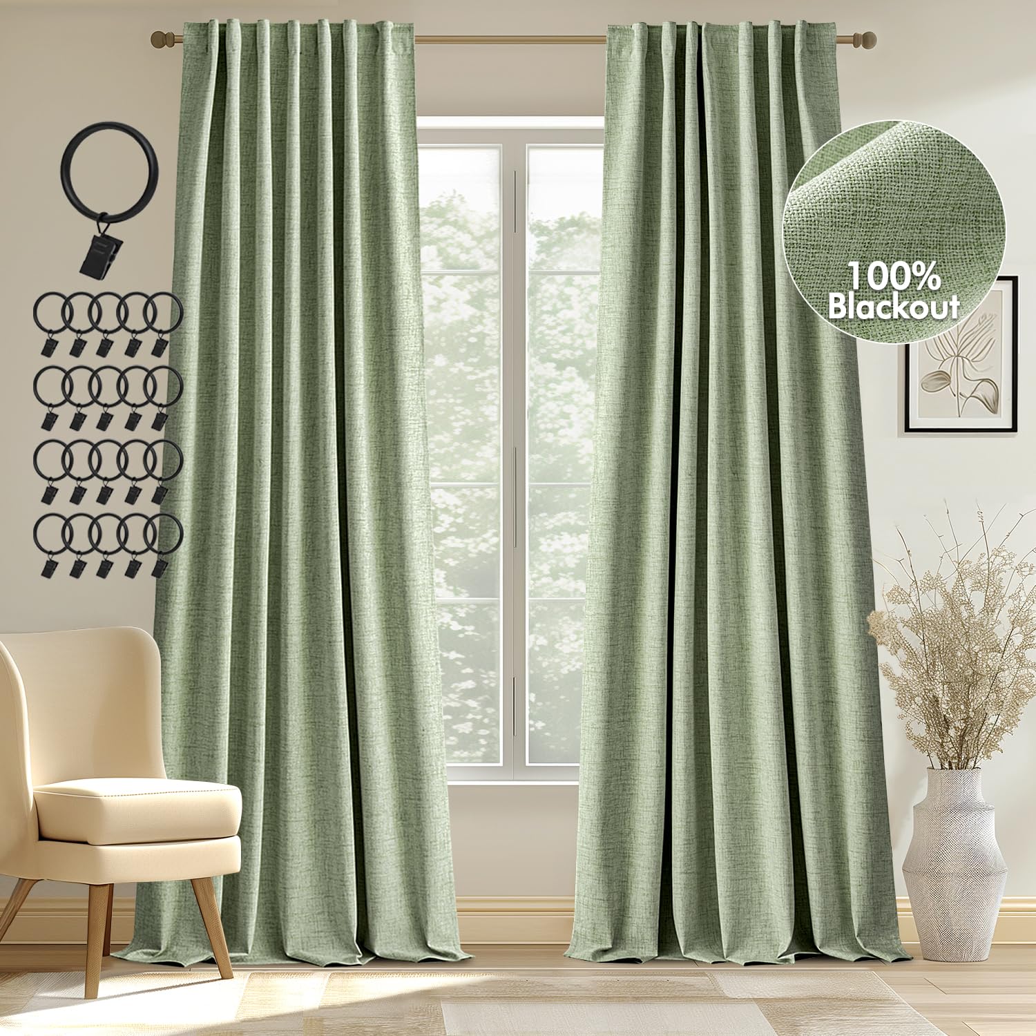 Miulee 100% Blackout Curtains 84 Inches Long, Linen Curtains & Drapes For Bedroom Back Tab Living Black Out Window Treatments Thermal Insulated Room Darkening Rod Pocket, Sage Green, 2 Panels