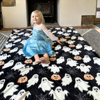 Halloween Throw Blanket: Jack O Lantern Pumpkins White Ghosts And Spiderwebs On Soft Black Velvet Fleece For Sofa, Couch, Chairs