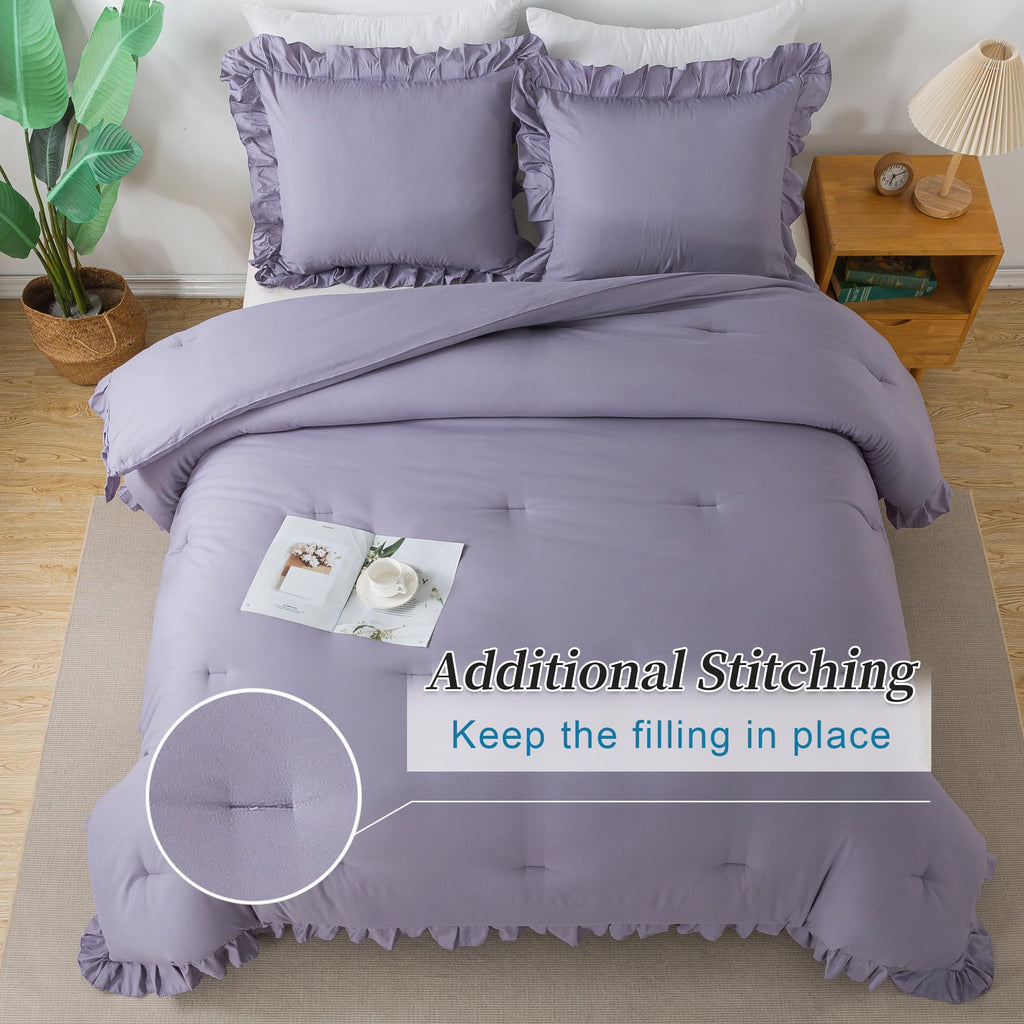 Andency Grayish Lavender Purple King Comforter Set, 3 Pieces Solid Ruffle Bedding Set & Collections, Lightweight Fluffy Soft Microfiber All Season Shabby Chic Bedding Set