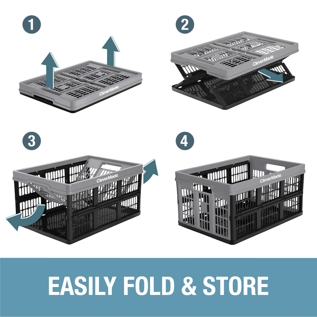 Clevermade Collapsible Utility Crate, Stone, 3Pk - 45L (11 Gal) Collapsible Storage Bins, Holds 66Lbs Per Bin - Plastic Stackabl