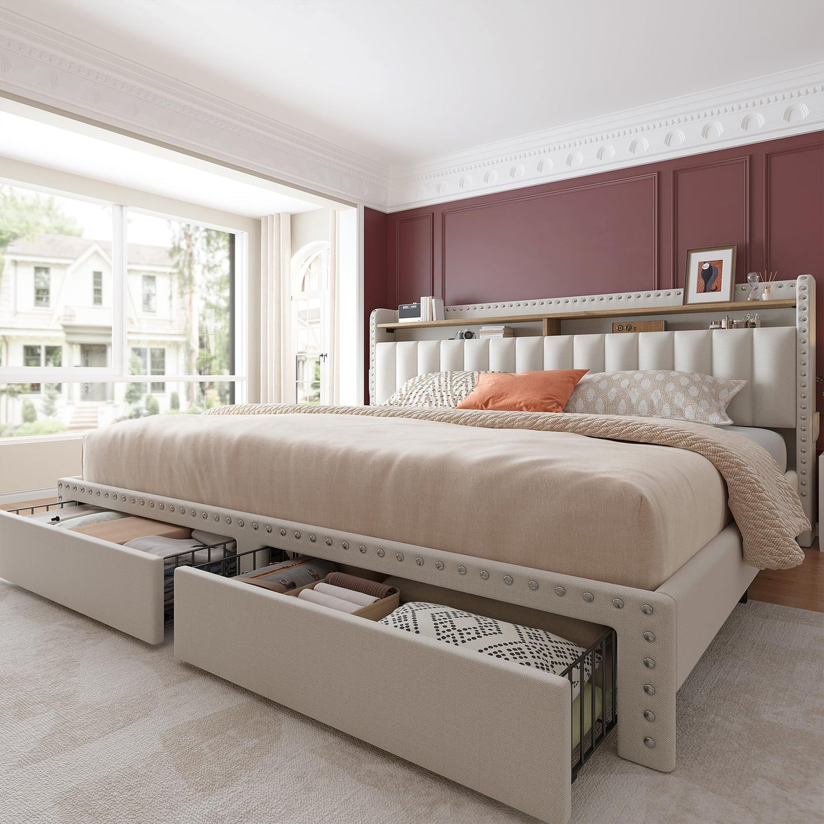 Enhomee King Size Bed Frame With 2-Tier Storage Headboard, Upholstered Platform Bed Frame With 2 Storage Drawers, Sturdy Wooden Slats Support, Noise-Free, No Box Spring Needed, Beige