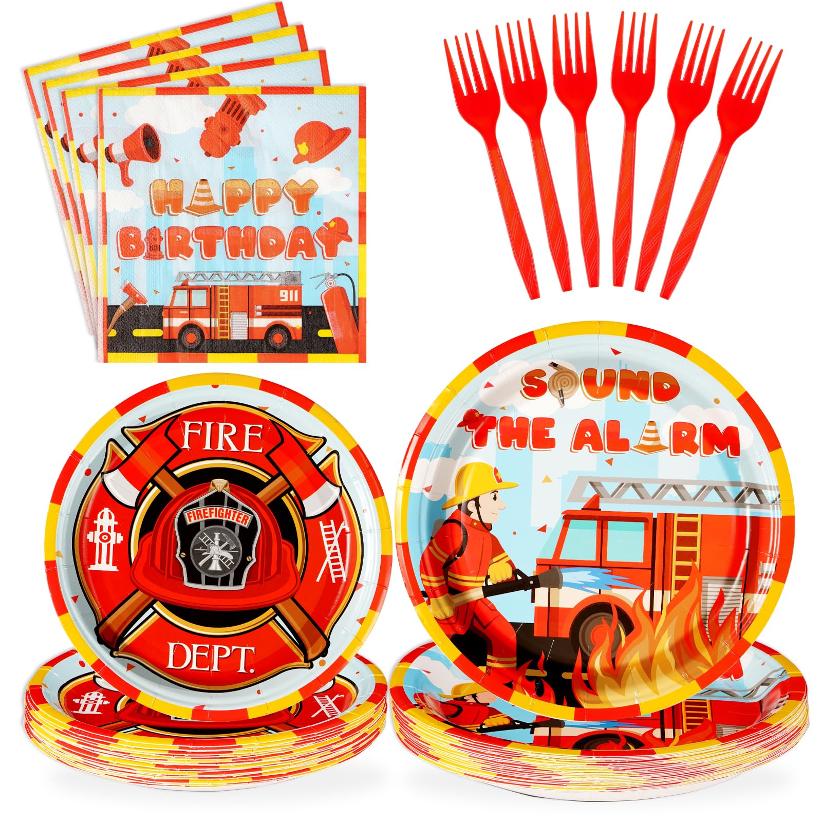 Grencian 96Pcs Firefighter Birthday Party Decorations Fire Truck Party Plates Disposable Firetruck Birthday Paper Tableware Set 
