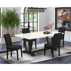 East West Furniture V-Style 5 Piece Set Includes A Rectangle Dining Room Table With V-Legs And 4 Black Linen Fabric Upholstered Parson Chairs, 40X72 Inch, Multi-Color