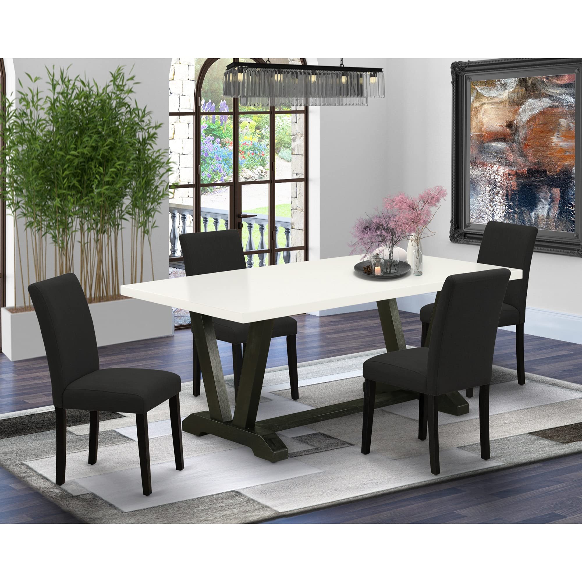 East West Furniture V-Style 5 Piece Set Includes A Rectangle Dining Room Table With V-Legs And 4 Black Linen Fabric Upholstered Parson Chairs, 40X72 Inch, Multi-Color
