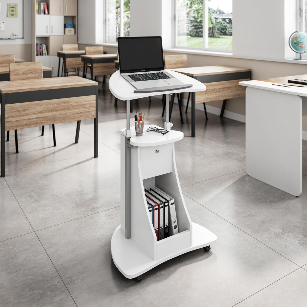 Techni Mobili Adjustable Height Rolling Laptop Cart, Sit to Stand Desk with Storage, White Podium Stand or Medical Cart