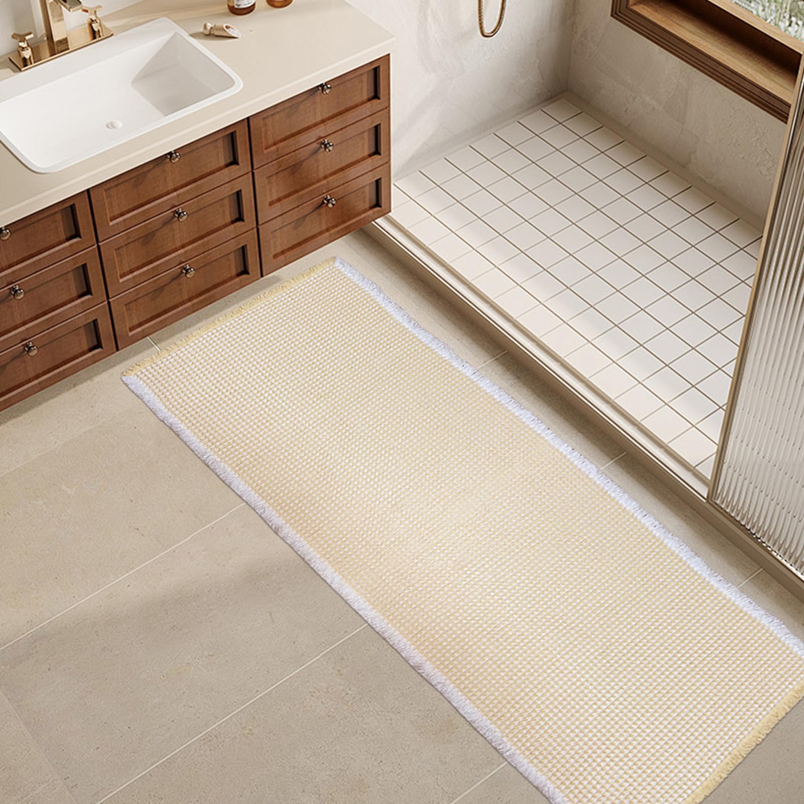 ZALL Beige Waffle Bath Mat,Super Absorbent Non Slip Long Bathroom Rug,Cream 24X72inch,Machine Washable Ultra Soft Floor Mats