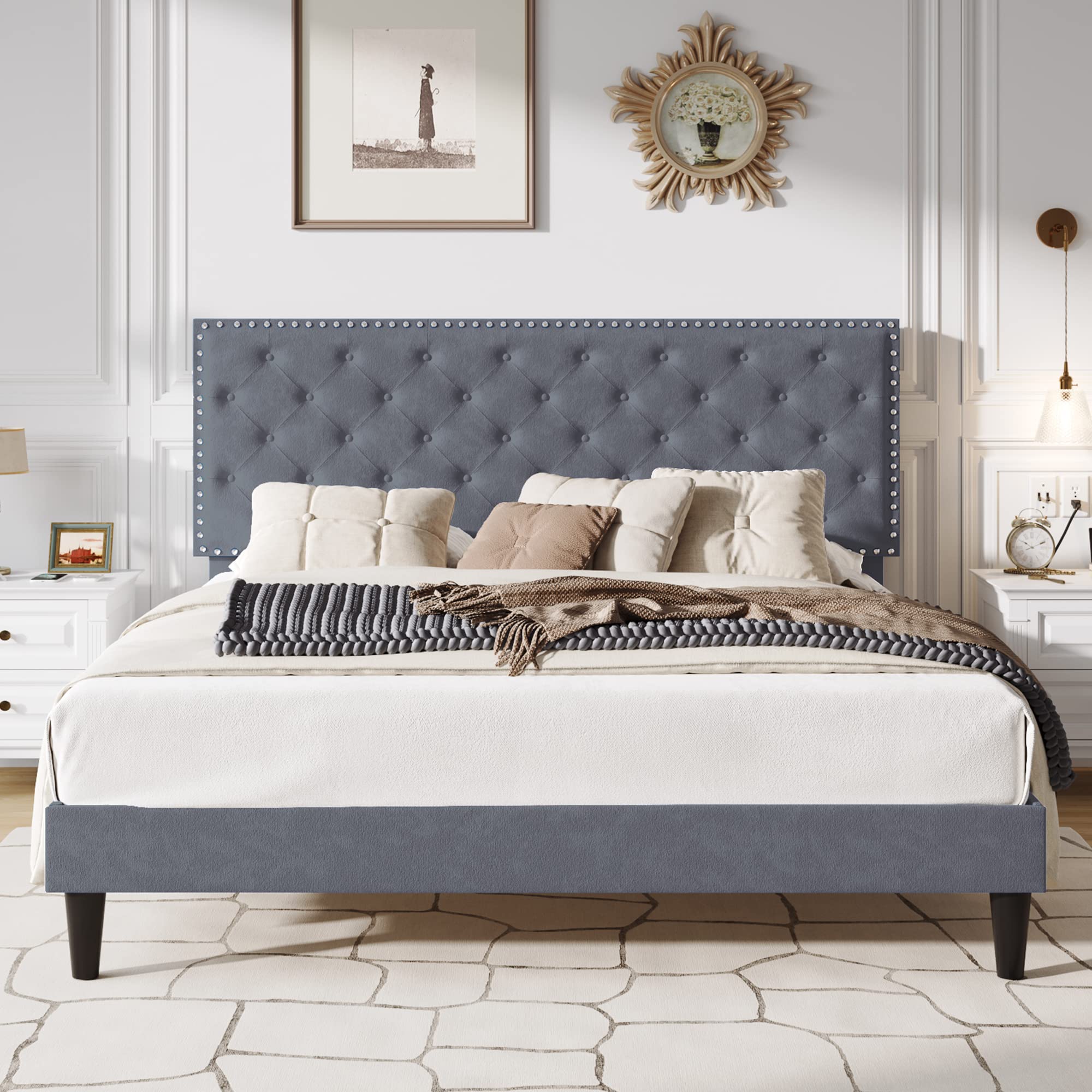 SHA CERLIN King Size Velvet Bed Frame with Adjustable Headboard, Diamond Button Tufted and Rivet Decor, No Box Spring Needed, Si