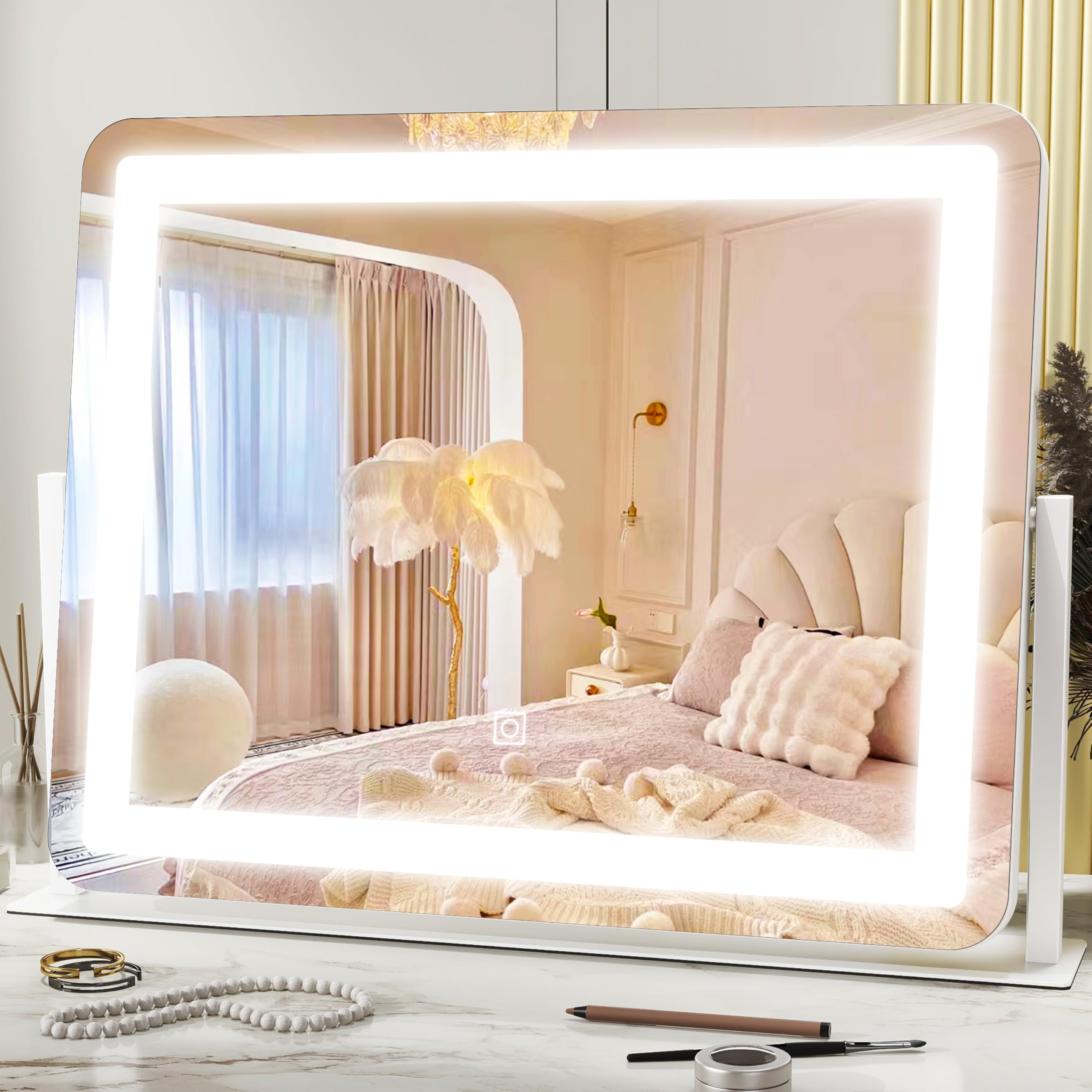 HNV Vanity Mirror with Lights - 15x13 LED Lighted Makeup Mirror, Dimmable Touch Screen with 3-Color Lighting, 360 Rotation, Alum
