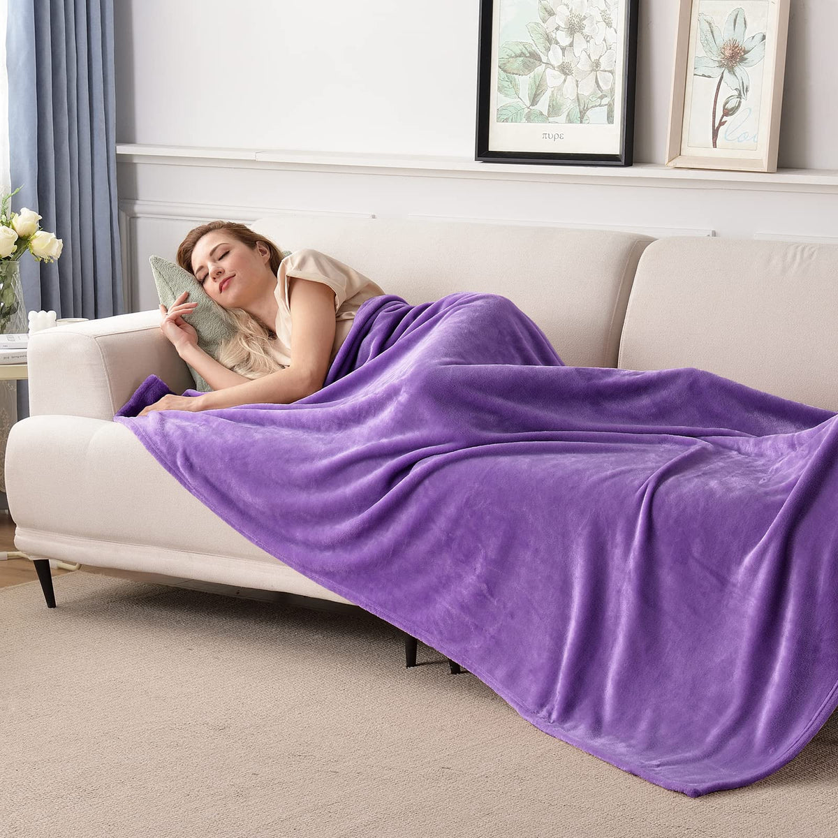 Sochow Flannel Fleece Blanket Luxury Twin Xl Size, All Season Lightweight Super Soft Cozy Blanket For Bed Or Couch, Purple, 66X9