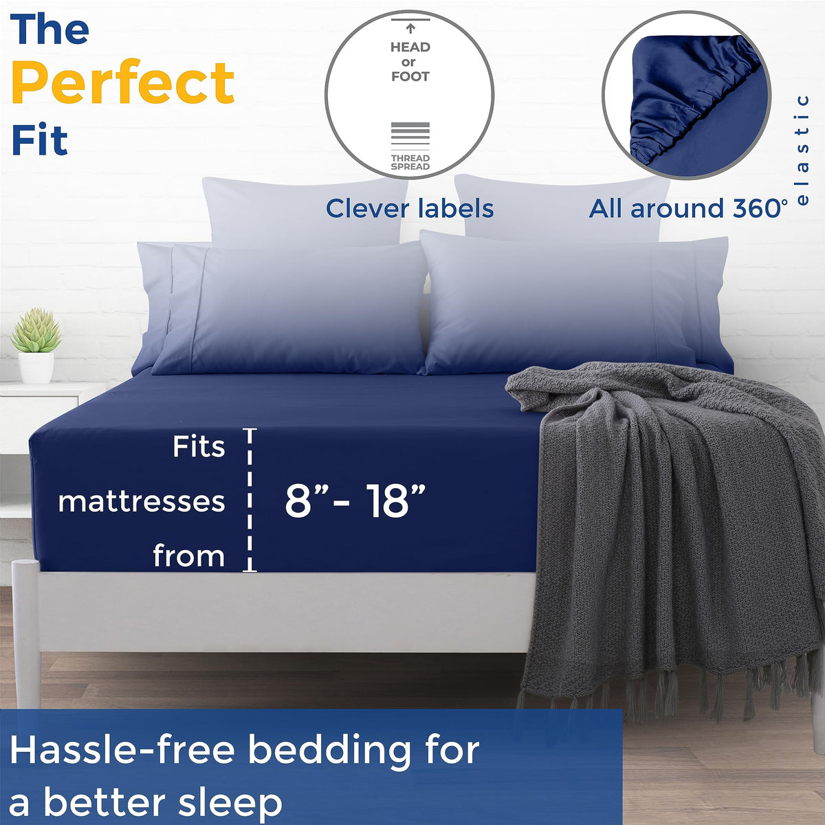 Thread Spread King Size Fitted Sheet Only - 100% Egyptian Cotton 600 Thread Count 16' Deep Pocket King Fitted Sheet, Cotton Fitted Sheet King Size, Soft Cooling Sateen Weave Bottom Sheet - Navy Blue