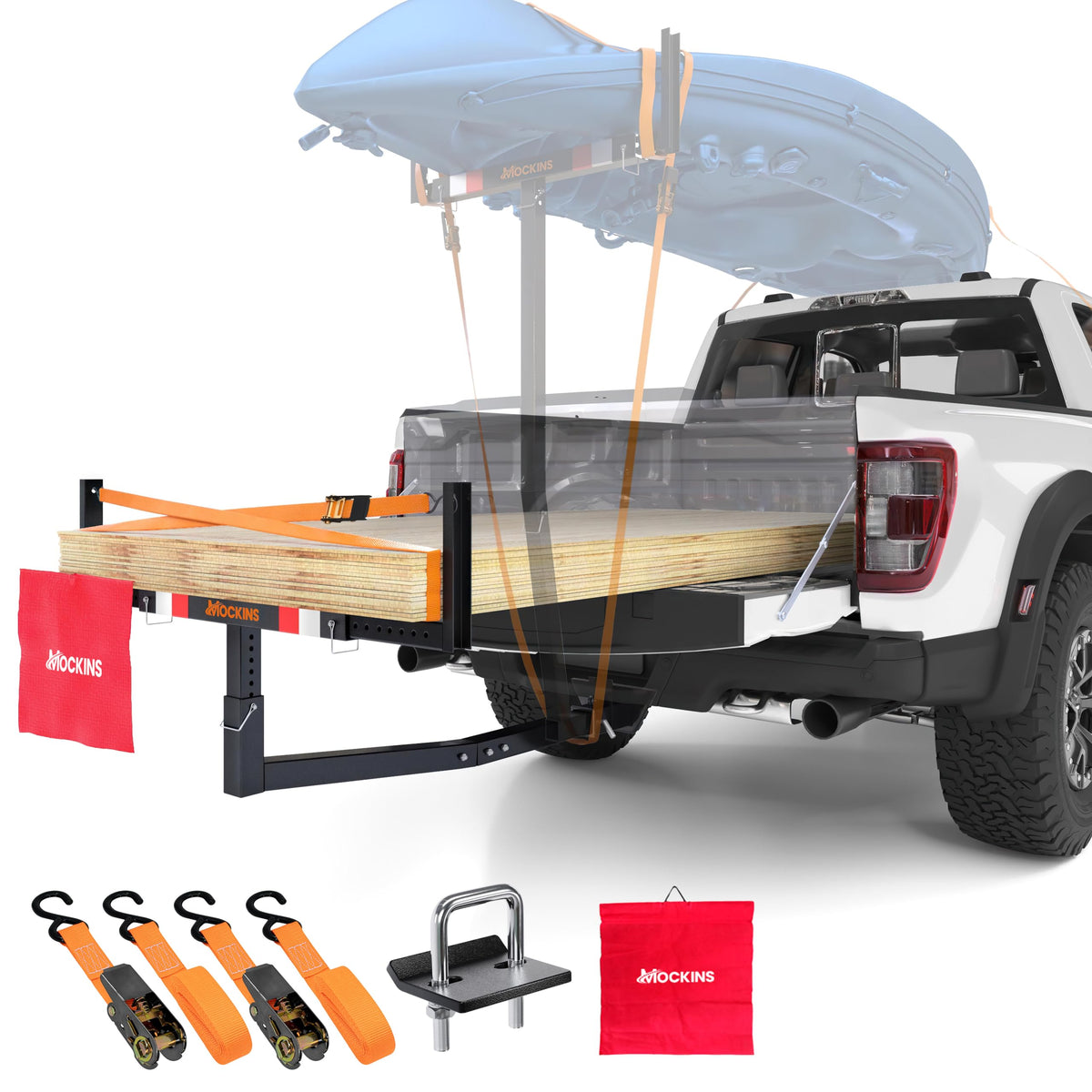 Mockins 750Lbs Cap Truck Bed Extender Hitch Mount |2-In-1 All-Weather Steel Trailer Hitch Extender W/ Stabilizer & Straps| Bed E
