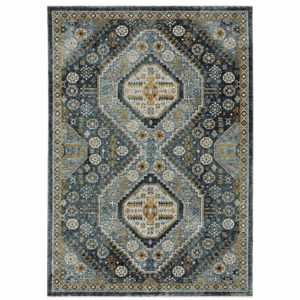 HomeRoots 508092 8 x 11 ft. Blue Gold Ivory & Navy Oriental Power Loom Stain Resistant Rectangle Area Rug with Fringe