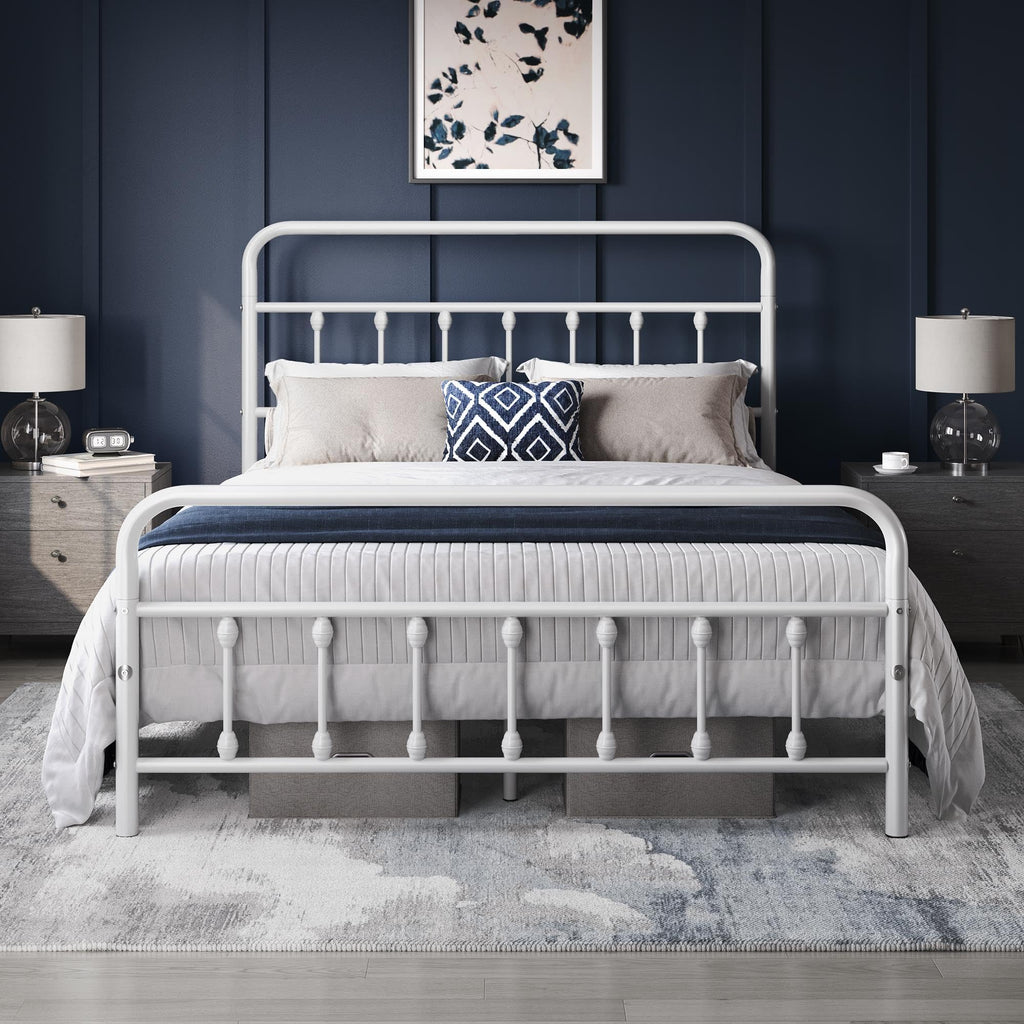 Yaheetech Classic Metal Platform Bed Frame Mattress Foundation With Victorian Style Iron-Art Headboard/Footboard/Under Bed Storage/No Box Spring Needed/Full Size White