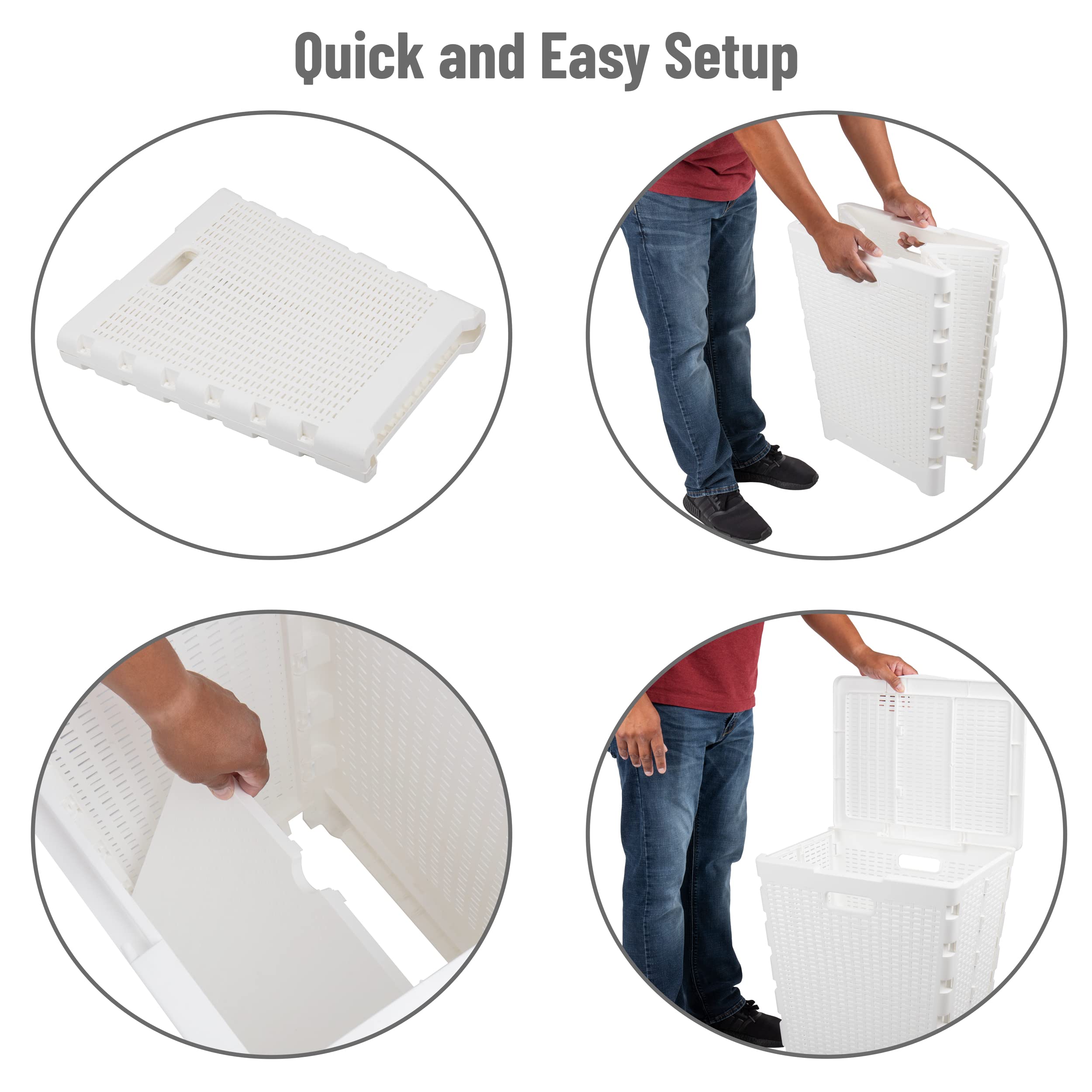 Mind Reader 61L Foldable Laundry Hamper, Clothes Basket, Lid, Wicker Design, Plastic, 18''L X 14.5''W X 21.25''H, White