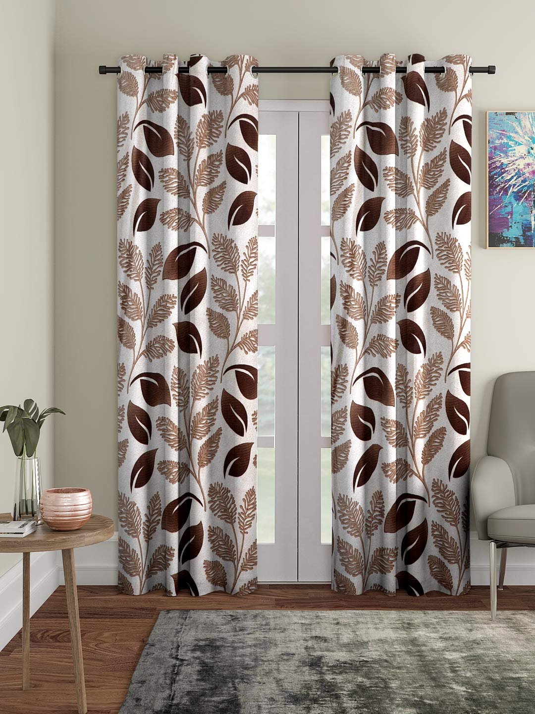 Cortina semi Sheer 2 Piece Floral Design Panel Eyelet Polyester Long Door Curtains  9 Feet, Brown