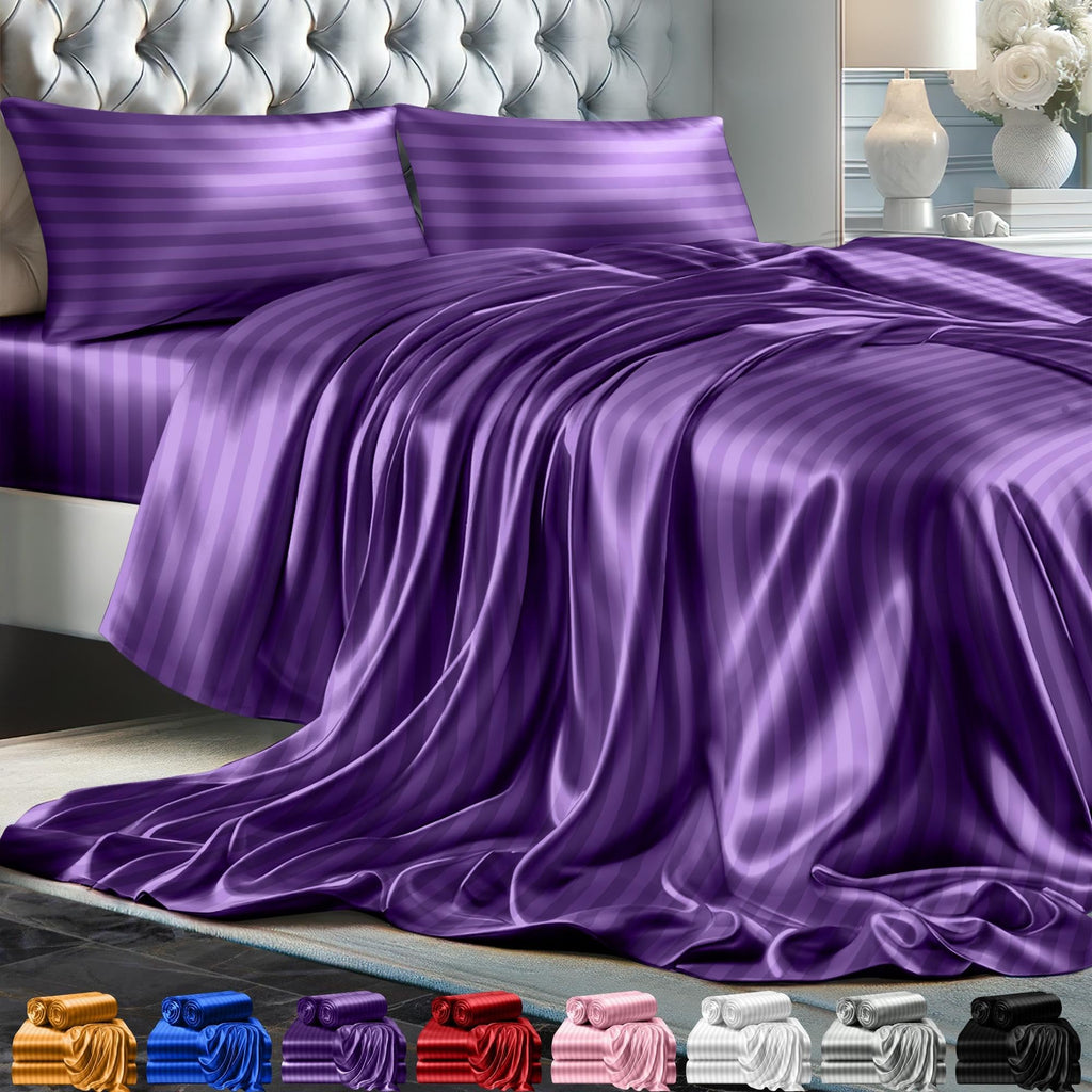 Decolure Striped Satin Sheet Queen Set 4Pc - Luxurious Silk Feel Sheets Queen - All-Season Satin Silky Soft Queen Size Satin Bed