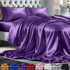 Decolure Striped Satin Sheet Queen Set 4Pc - Luxurious Silk Feel Sheets Queen - All-Season Satin Silky Soft Queen Size Satin Bed