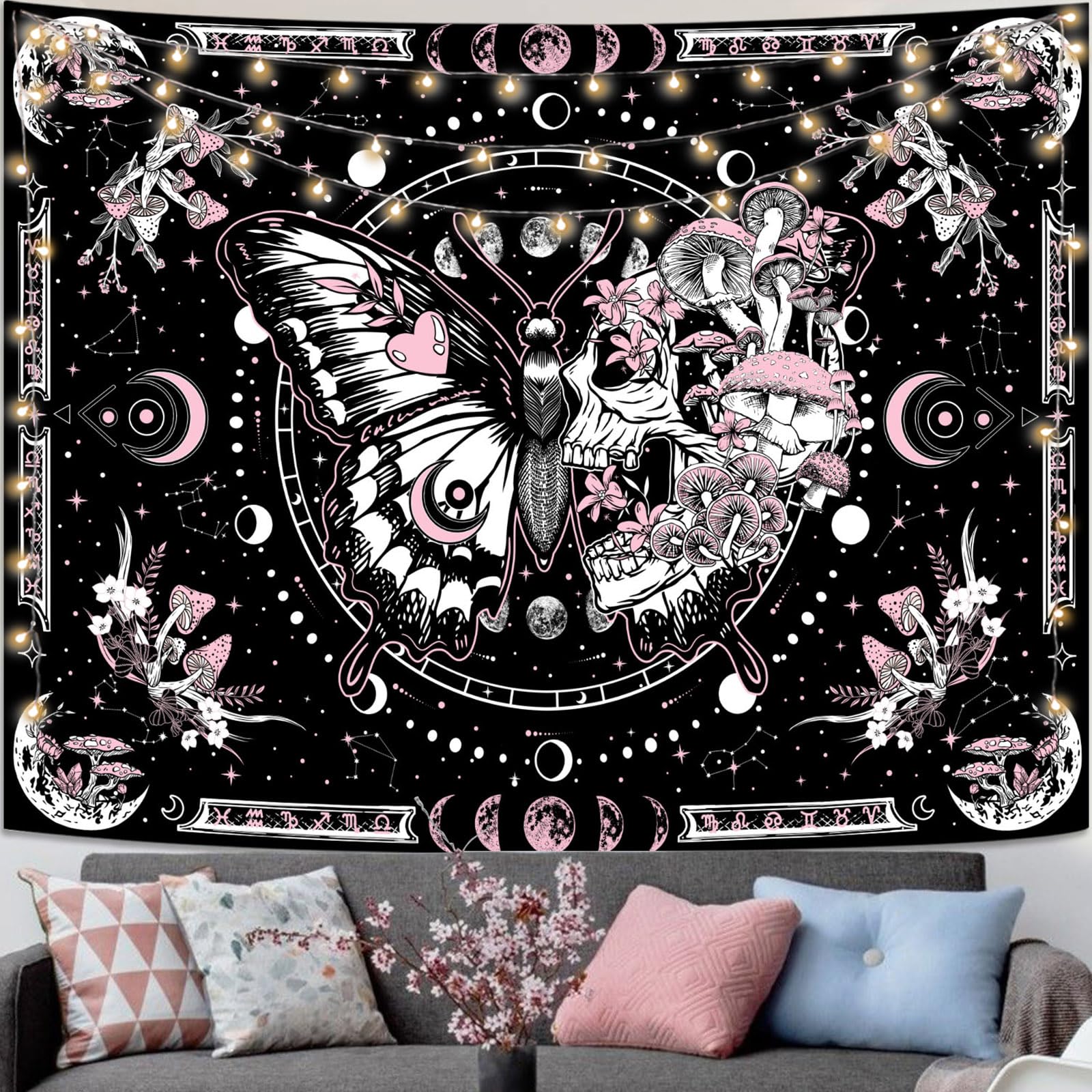 Fungarth Skeleton Butterfly Tapestry Pink Skull Hippie Mushroom Plants Tapestry For Bedroom Moon Phase Aesthetic Tapestries Wall