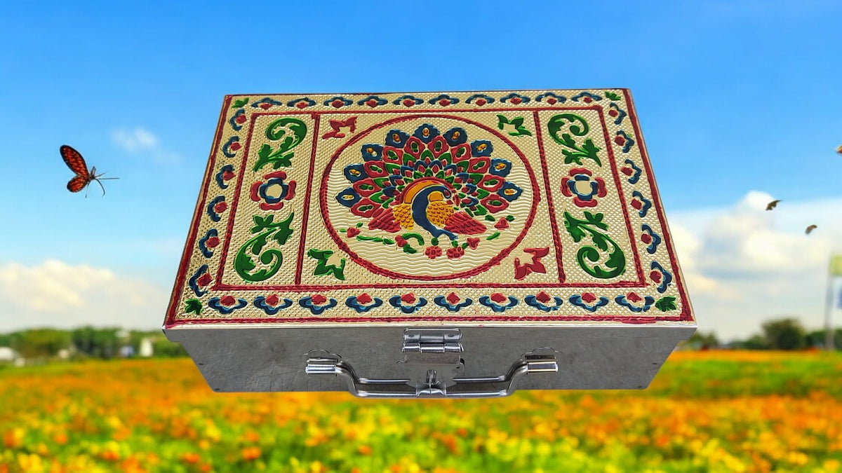 GinoSet Stainless Steel Storage Box With Handicrafts Digital Meenakari Laser Print Design 9 inch W9, H2.90, L6 (Handicra