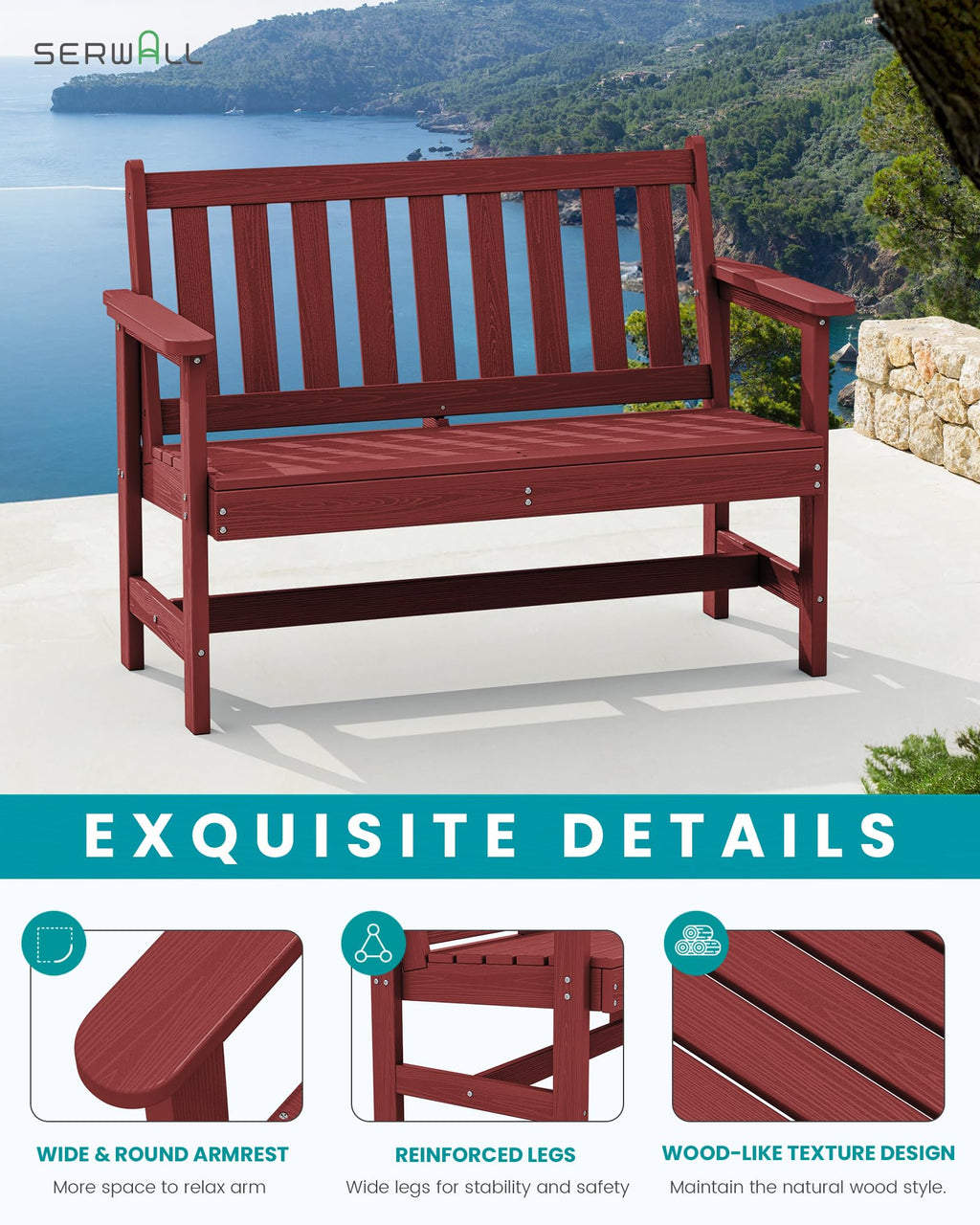 Serwall Outdoor Bench, Hdpe Outdoor Benches Weatherproof, 2-Person Garden Bench With 660 Lbs Weight Capacity, Patio Benches For Outdoors, Garden, Porch, Backyard And Park, Red