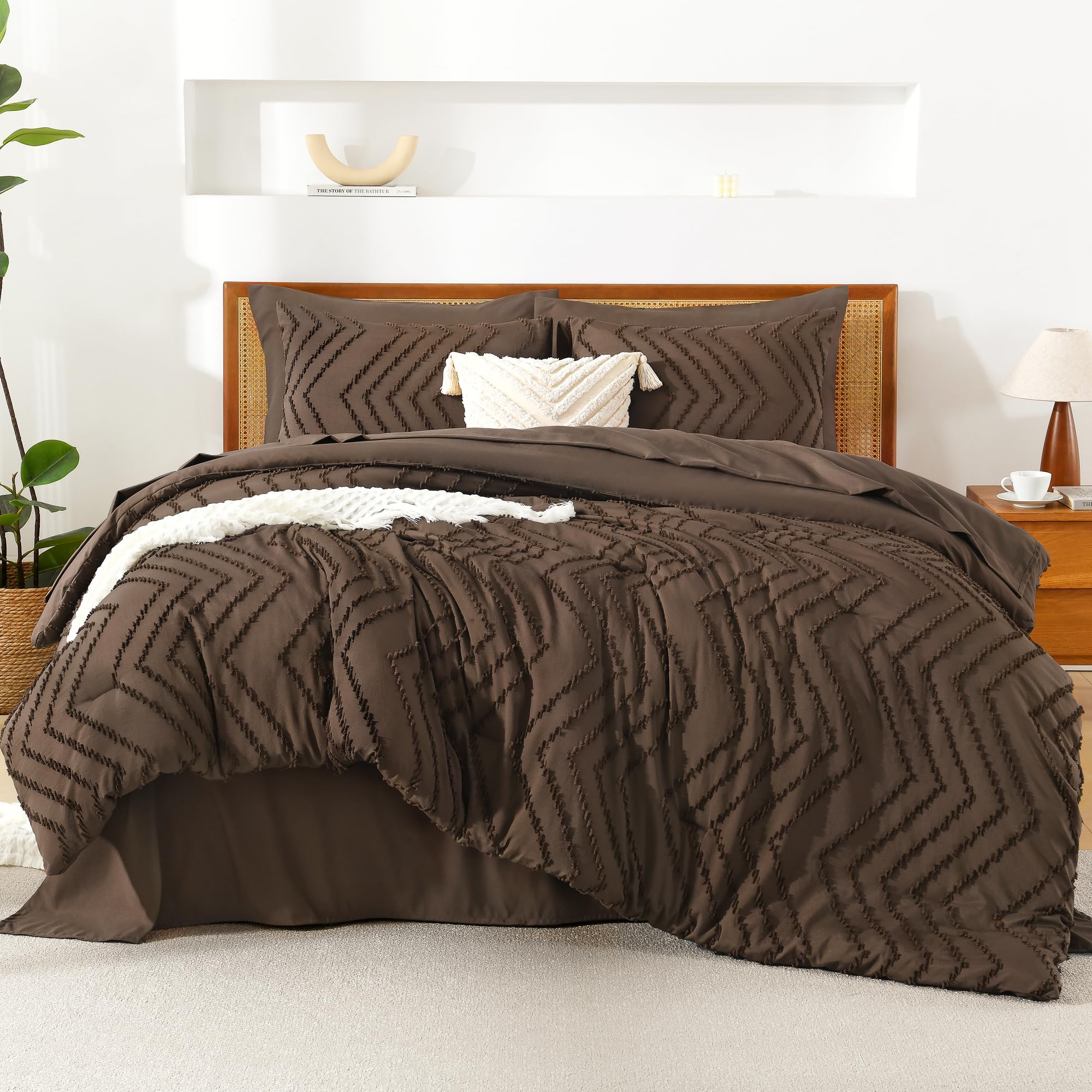 Litanika King Size Comforter Set With Sheets Brown - 7 Pieces Bed In A Bag King Chevron Tufted Complete Beddding Sets With Comfo