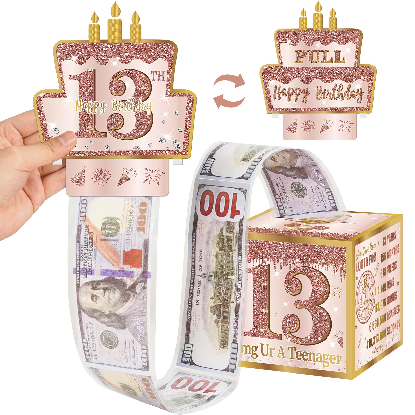 Turypaty 13Th Birthday Pull-Out Money Gift Box For Girls - Pink Rose Gold Happy Sweet 13Th Birthday Party Cash Gift Box With Pul