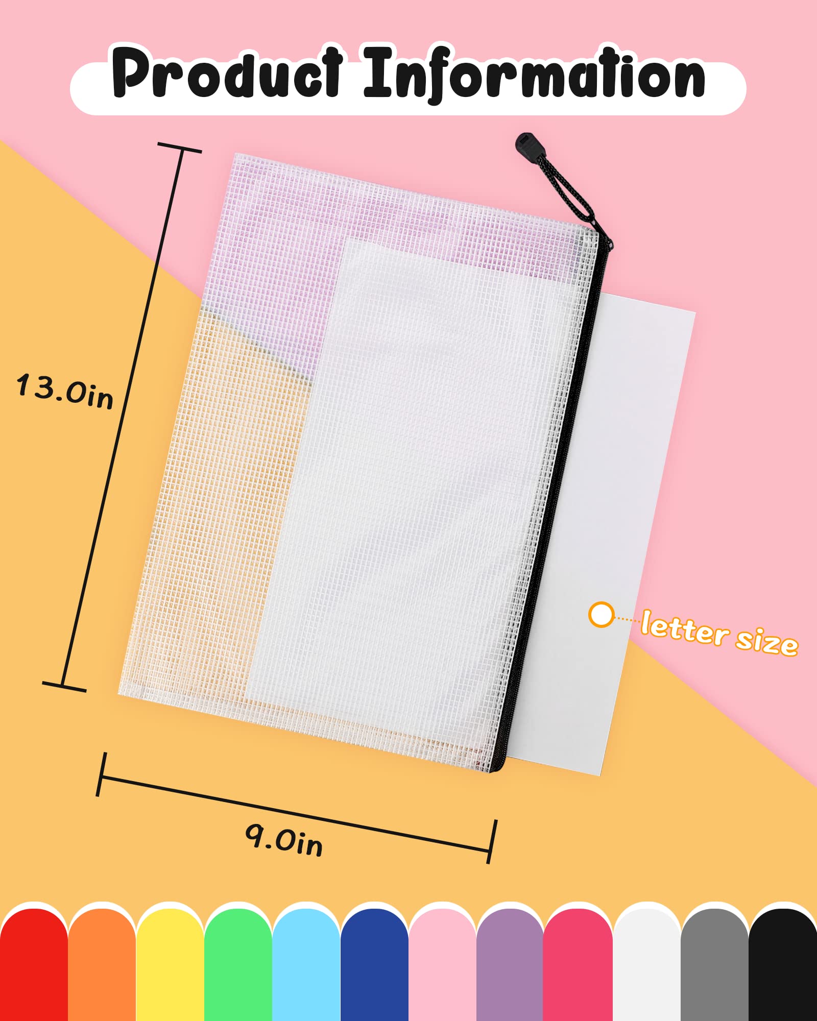 Umriox Mesh Zipper Pouch Puzzle Bags, 13.0X9.0 In (Black, 12 Packs), Letter Size A4 Size Zipper Bags For Office Supplies Travel