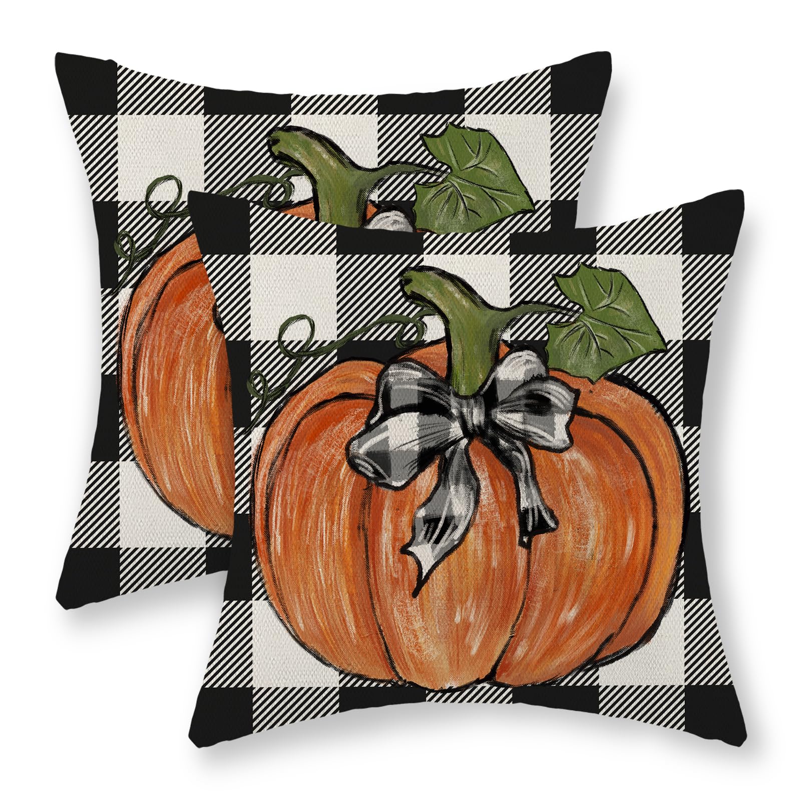 Fall Pillow Covers 18X18 Set Of 2 Pumpkin Maple Leaves And Buffalo Plaid Fall Decor Pillowcase Linen Autumn Thanksgiving Decorat