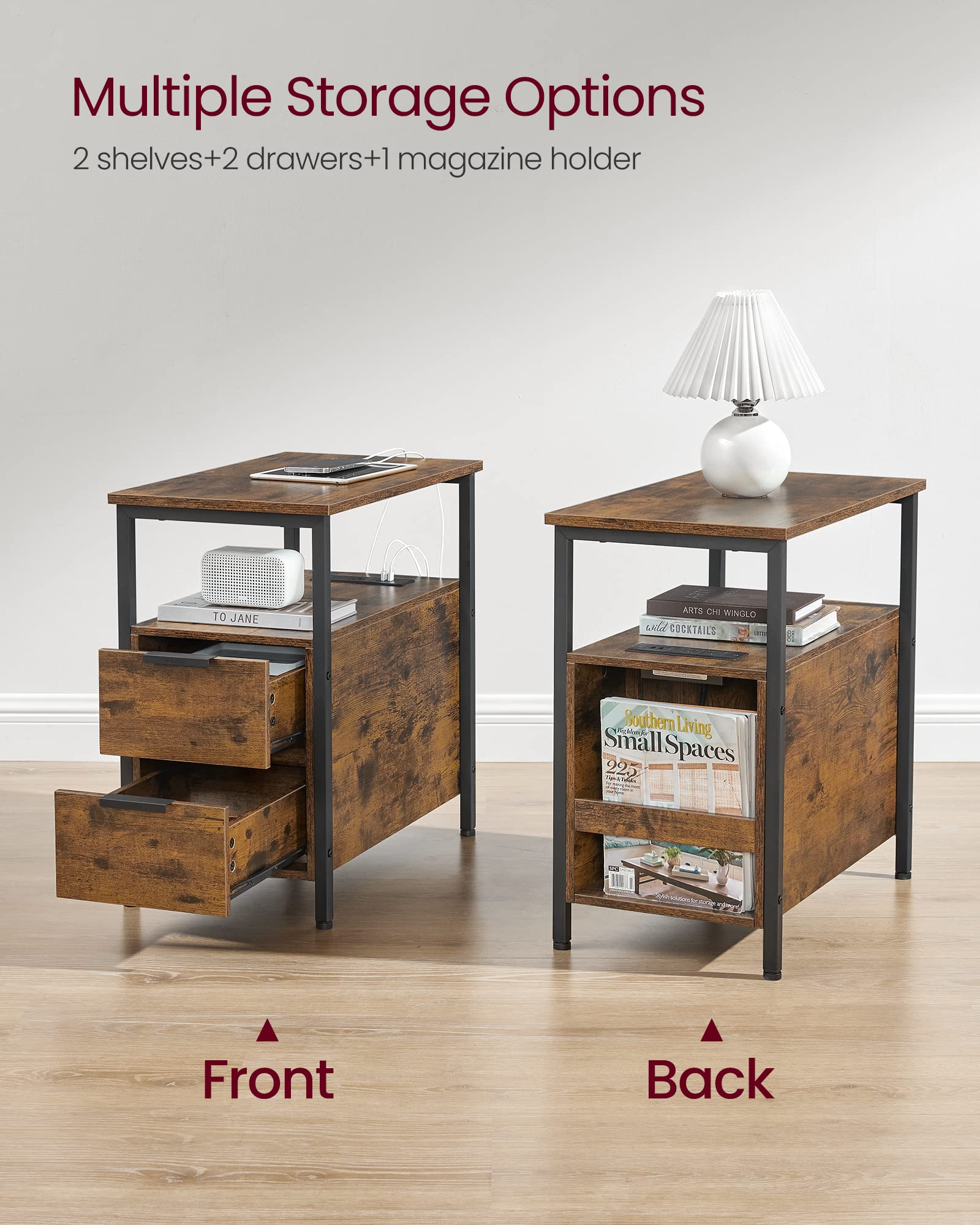 Vasagle Side Table With Charging Station, Narrow End Table With 2 Drawers, Slim Nightstand And Bedside Table With Storage, For Small Spaces, Rustic Brown + Black