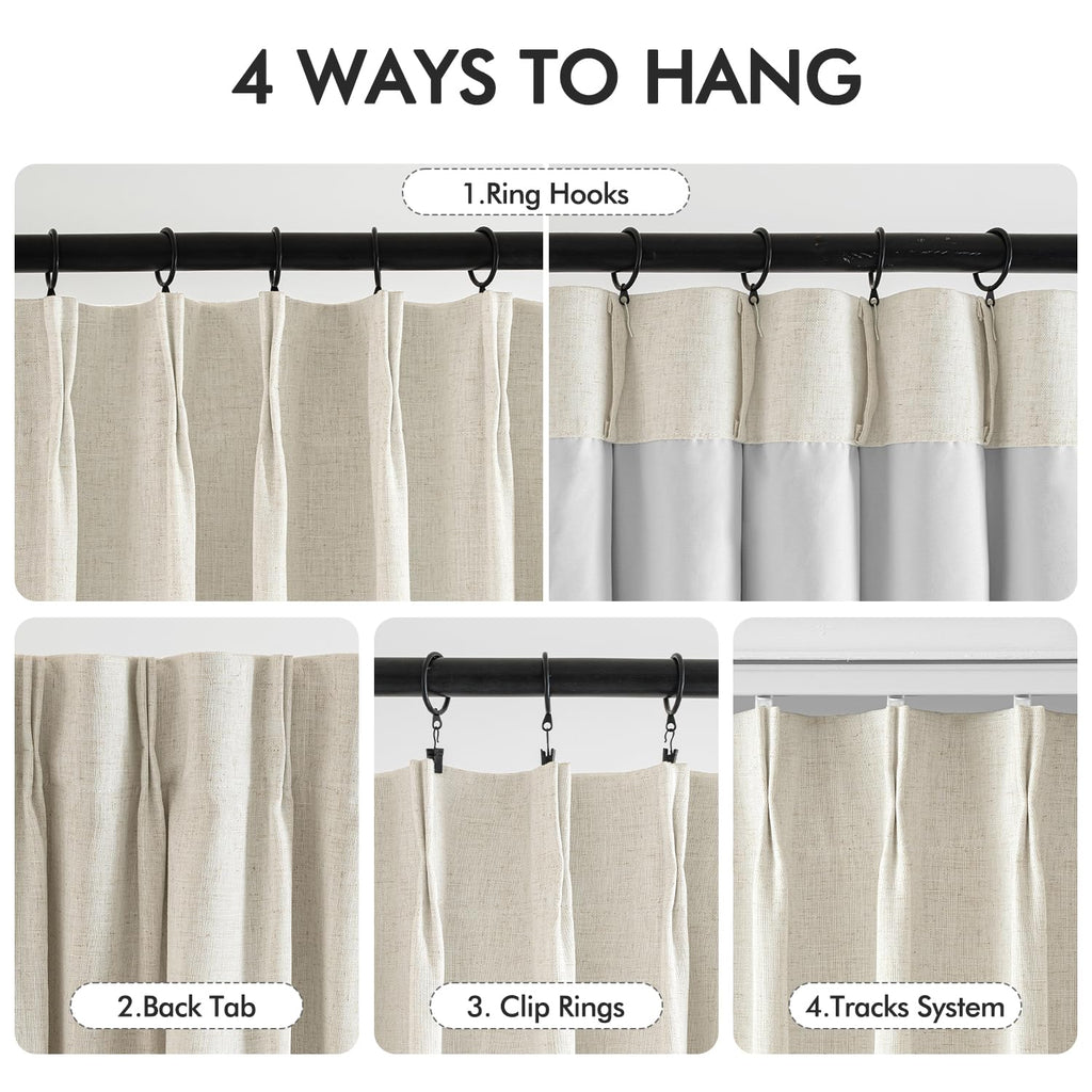 Miulee Tan Beige Pinch Pleated 100% Blackout Linen Curtains For Bedroom, Room Darkening Light Blocking Window Curtains 63 Inches