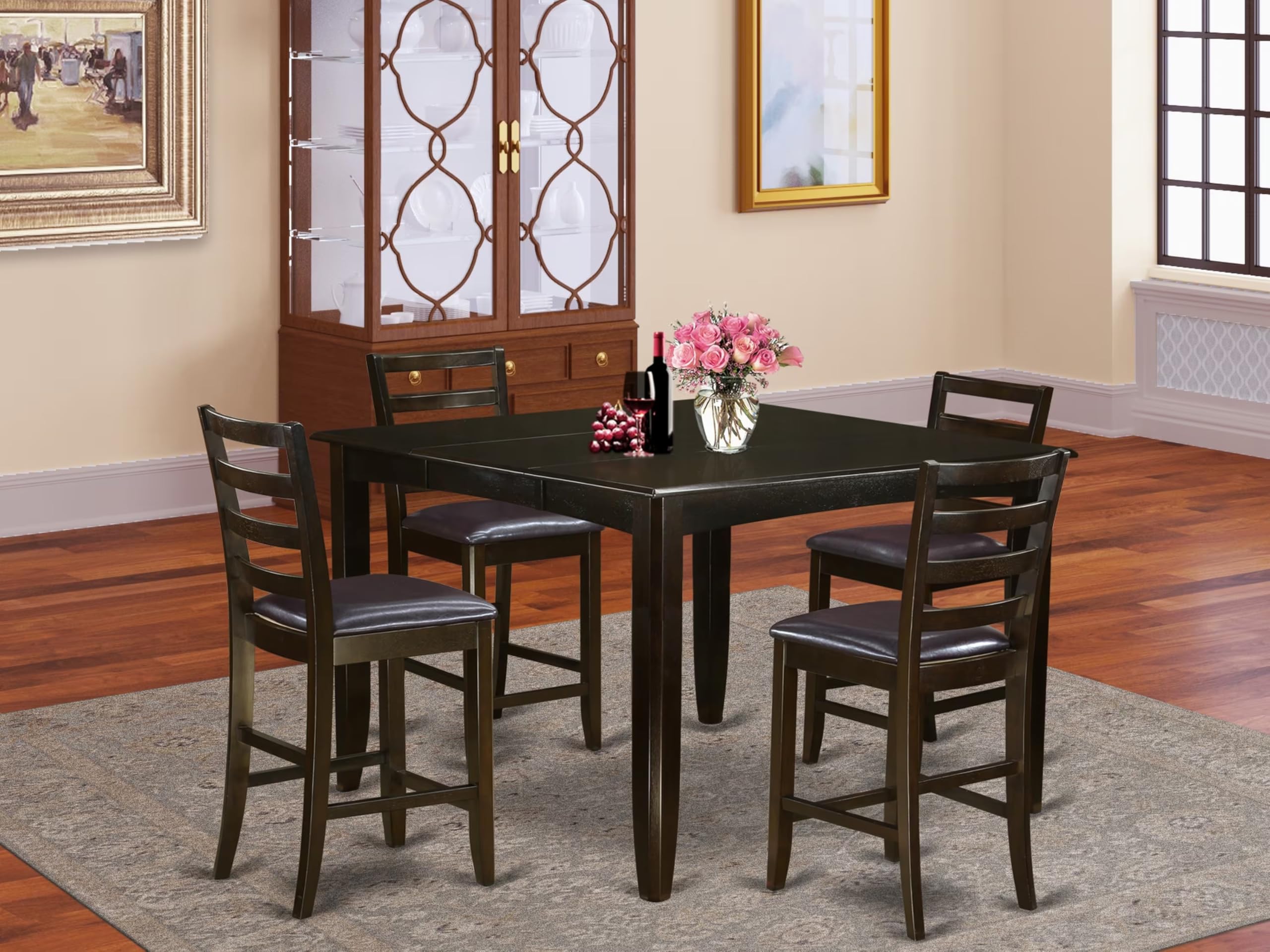 East West Furniture FAIR5-CAP-LC 5 Piece Counter Height Dining Set Includes a Square Kitchen Table with Pedestal and 4 Faux Leather Upholstered Dining Chairs, 54x54 Inch, Cappuccino