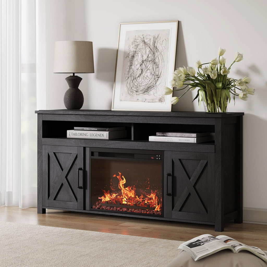 Belleze 58' Farmhouse Fireplace Tv Stand For Tvs Up To 65', 23' Electric Fireplace Heater With Sound, Entertainment Center Media Console Table Barn Door Storage Cabinets For Living Room - Rustic Grey