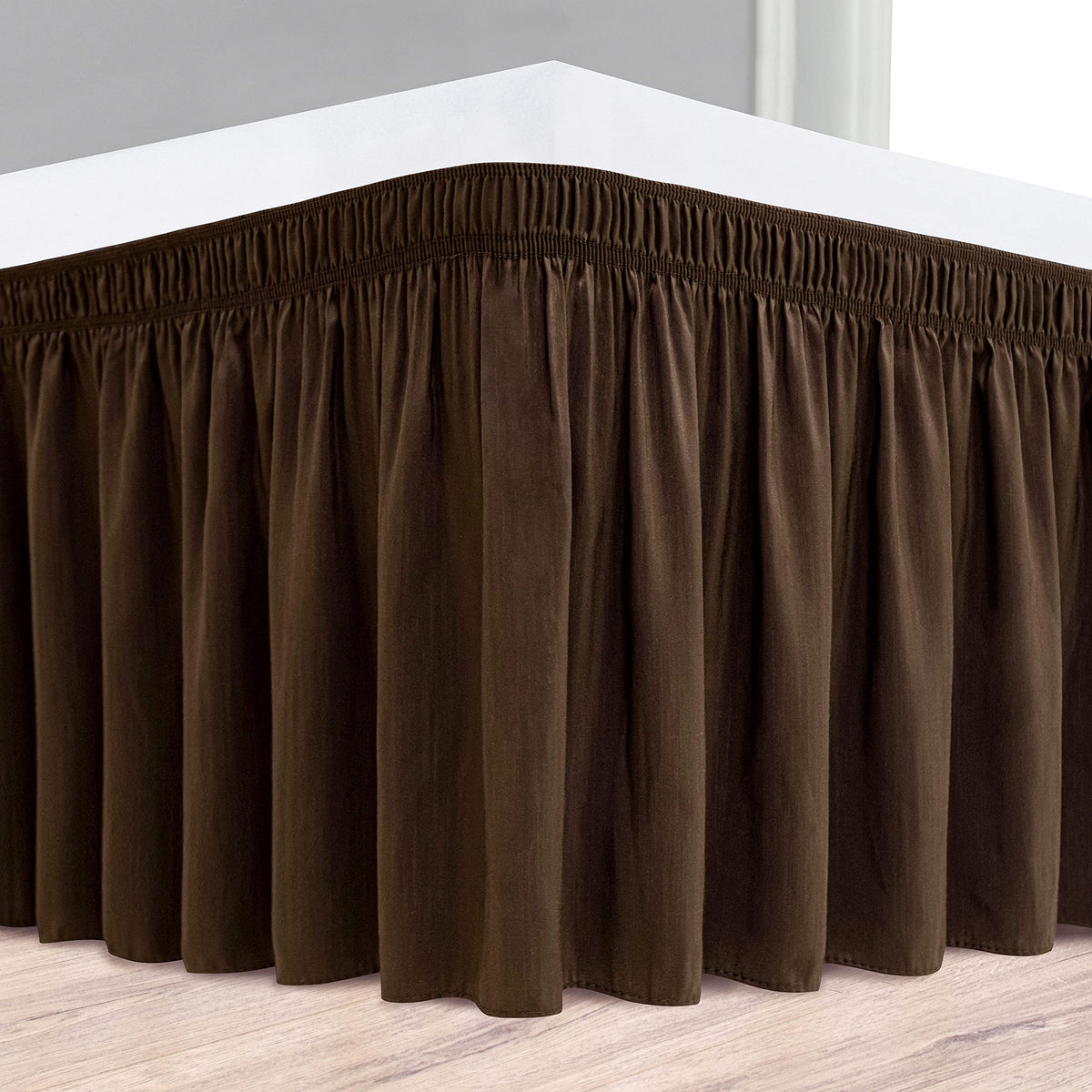 Biscaynebay Wrap Around Bed Skirts For Queen Beds With Short Drop Of 12', Brown Adjustable Elastic Dust Ruffles Easy Fit Wrinkl