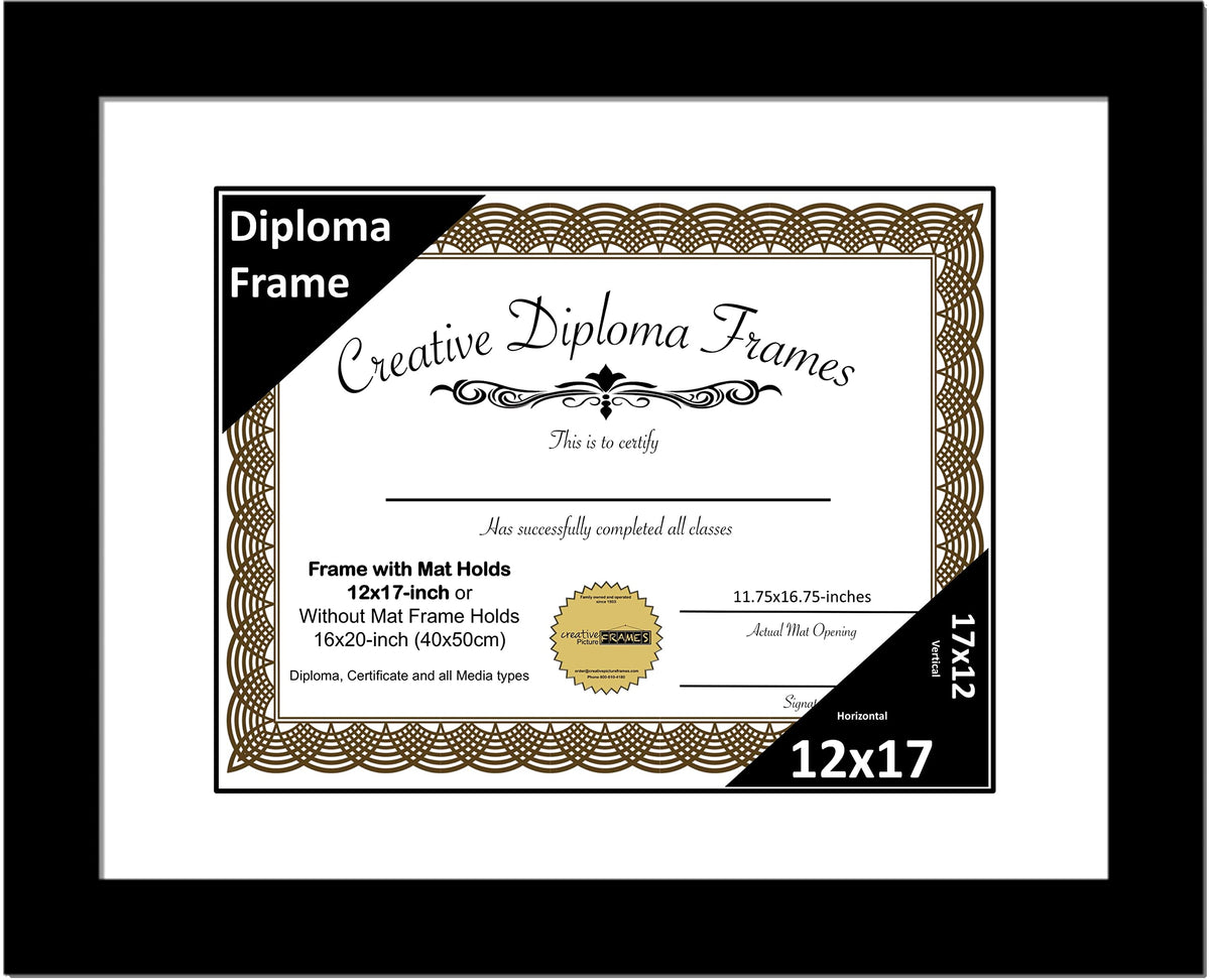 Creative Picture Frames 12x17 Classic Black Diploma Frame with White Mat Glass Easel and Installed Wall Hangers | Frame Holds 16