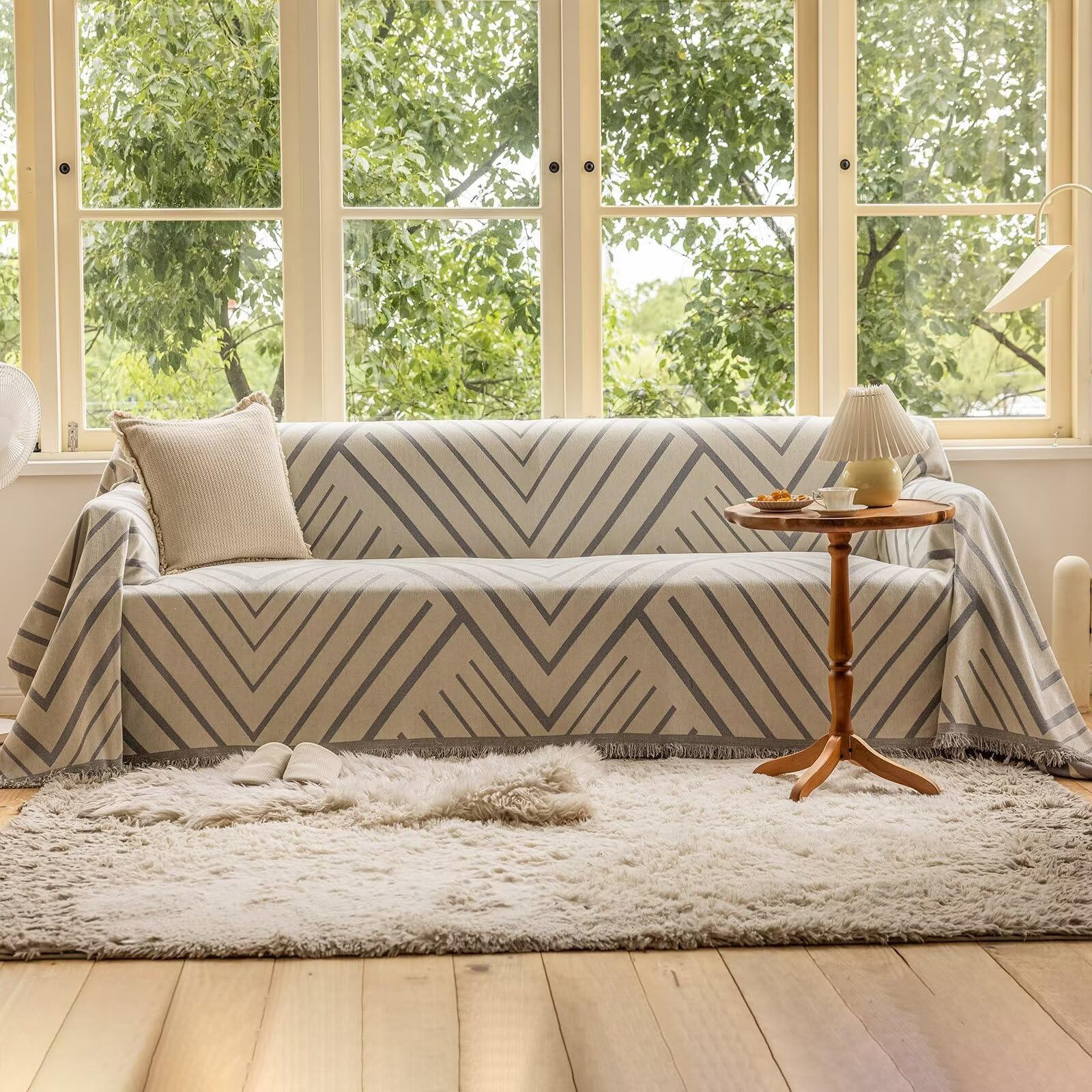 Vclife Beige Gray Herringbone Couch Cover Modern Simple Style Geometric Jacquard Sofa Slipcover For 3-4 Cushion Couch Sofa, 1 Pi