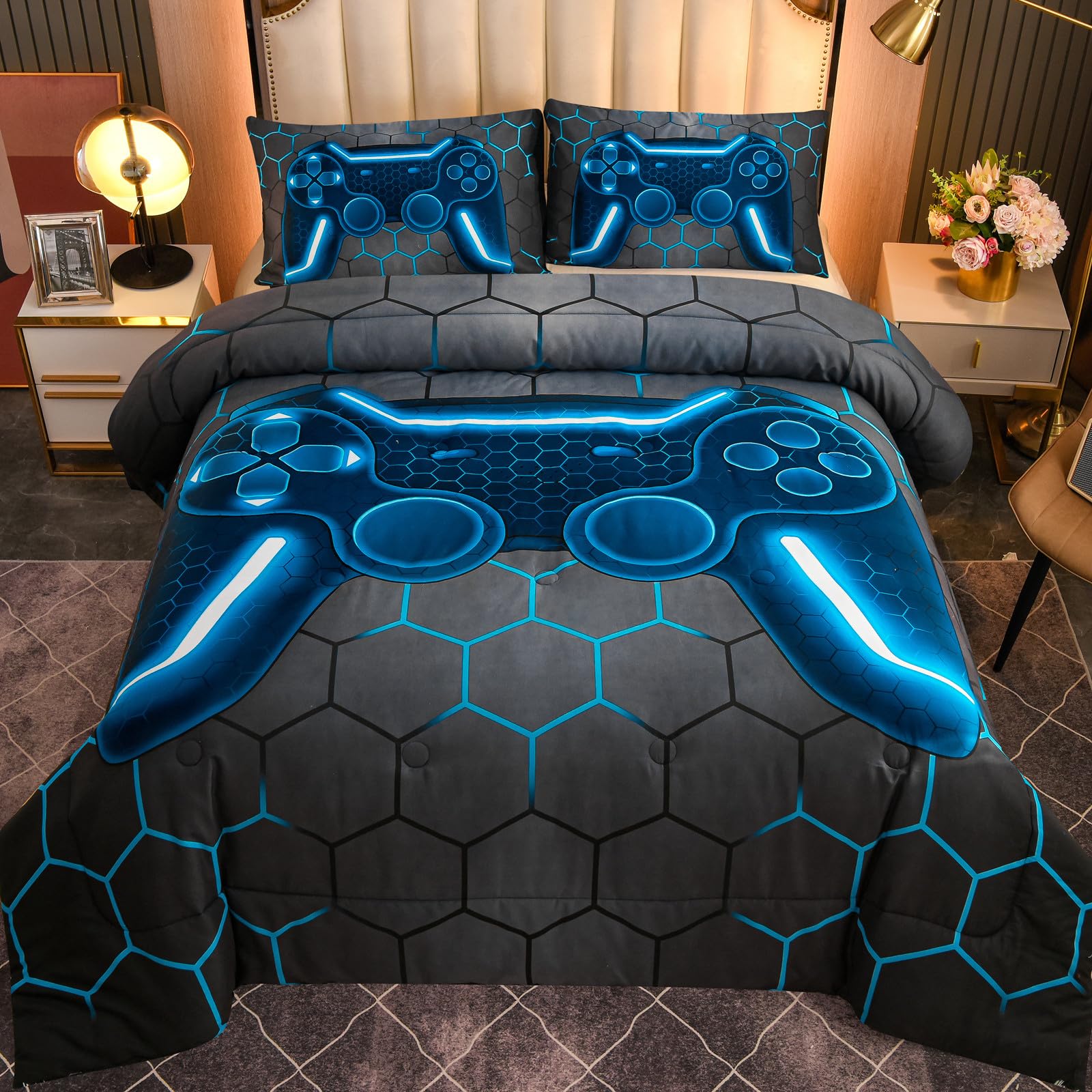 Ntbed Game Console Comforter Set For Boys Girls Kids 3D Gaming Geometric Lightweight Microfiber Bedding Sets (Blue, King)